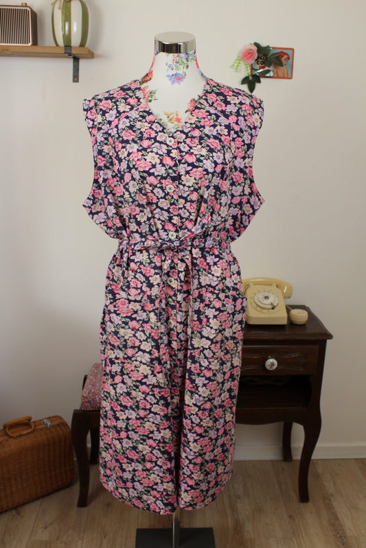 Robe fleurie vintage 80's fleurie violet & rose - Taille 48/50
