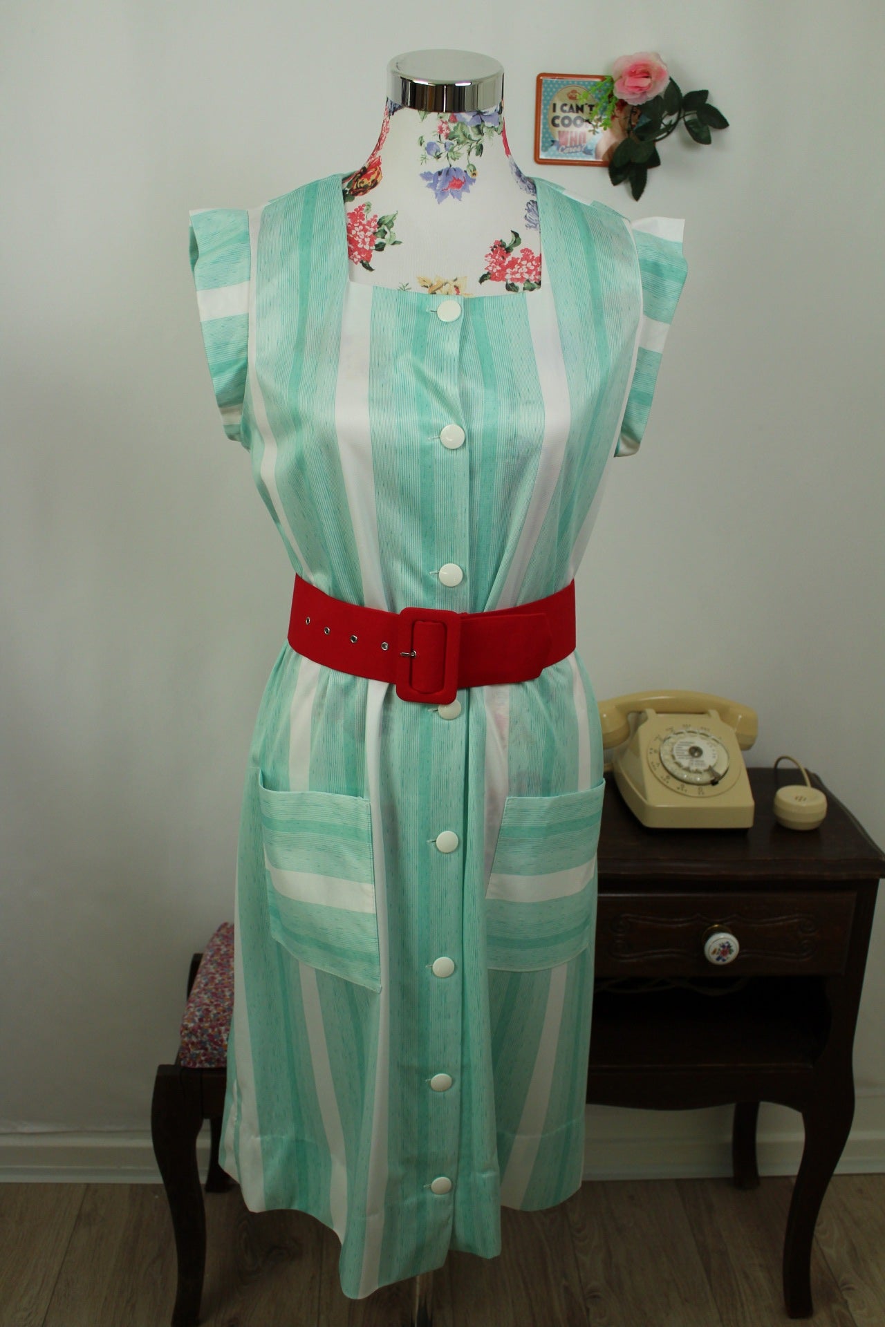 🌸🍒Robe vintage 80/90s rayée vert menthe - Taille 40/42🍒🌸