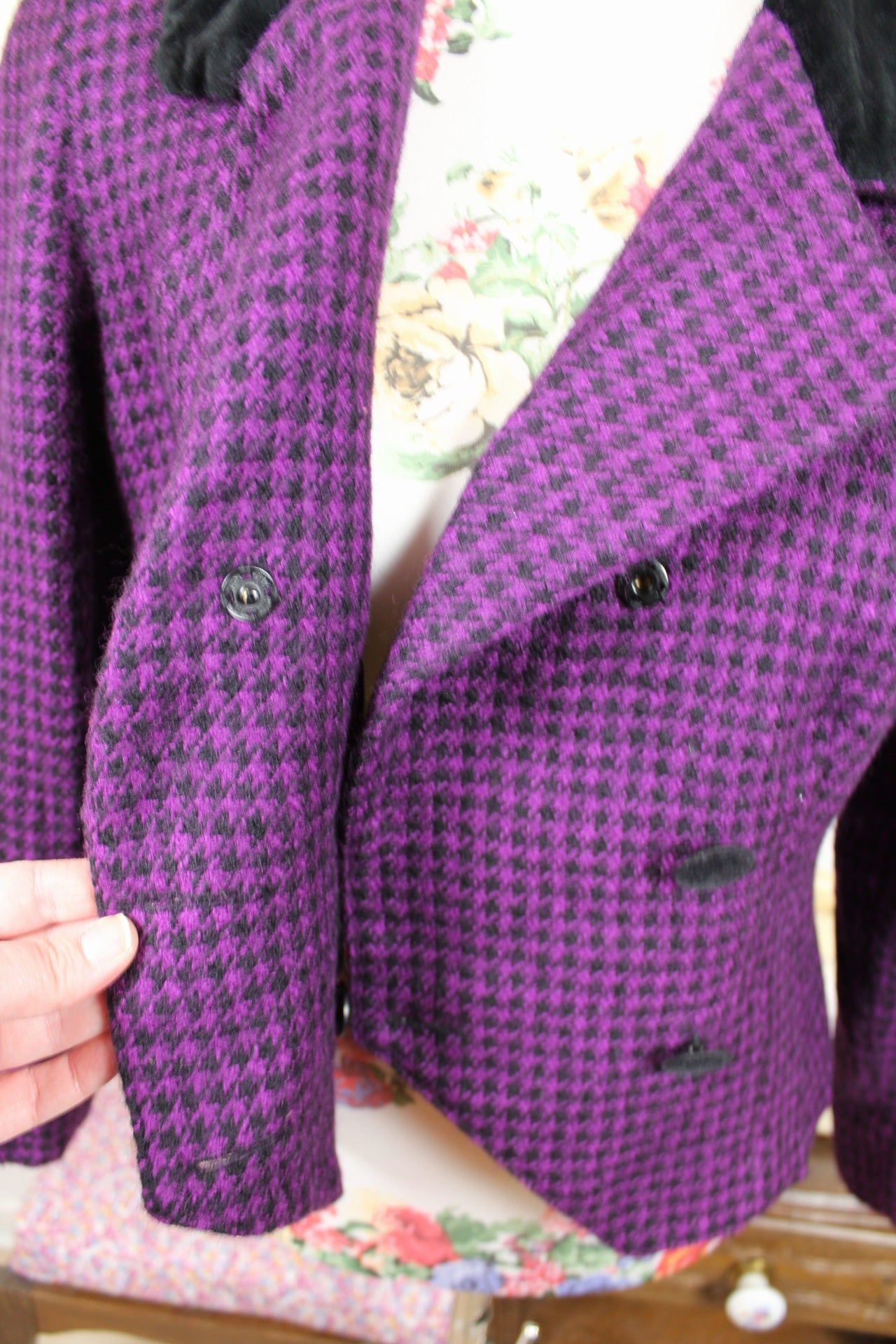 🌸🍒Veste vintage 80's pure laine pieds de poule violette & velours noir - Made in Italy - Taille 38🍒🌸