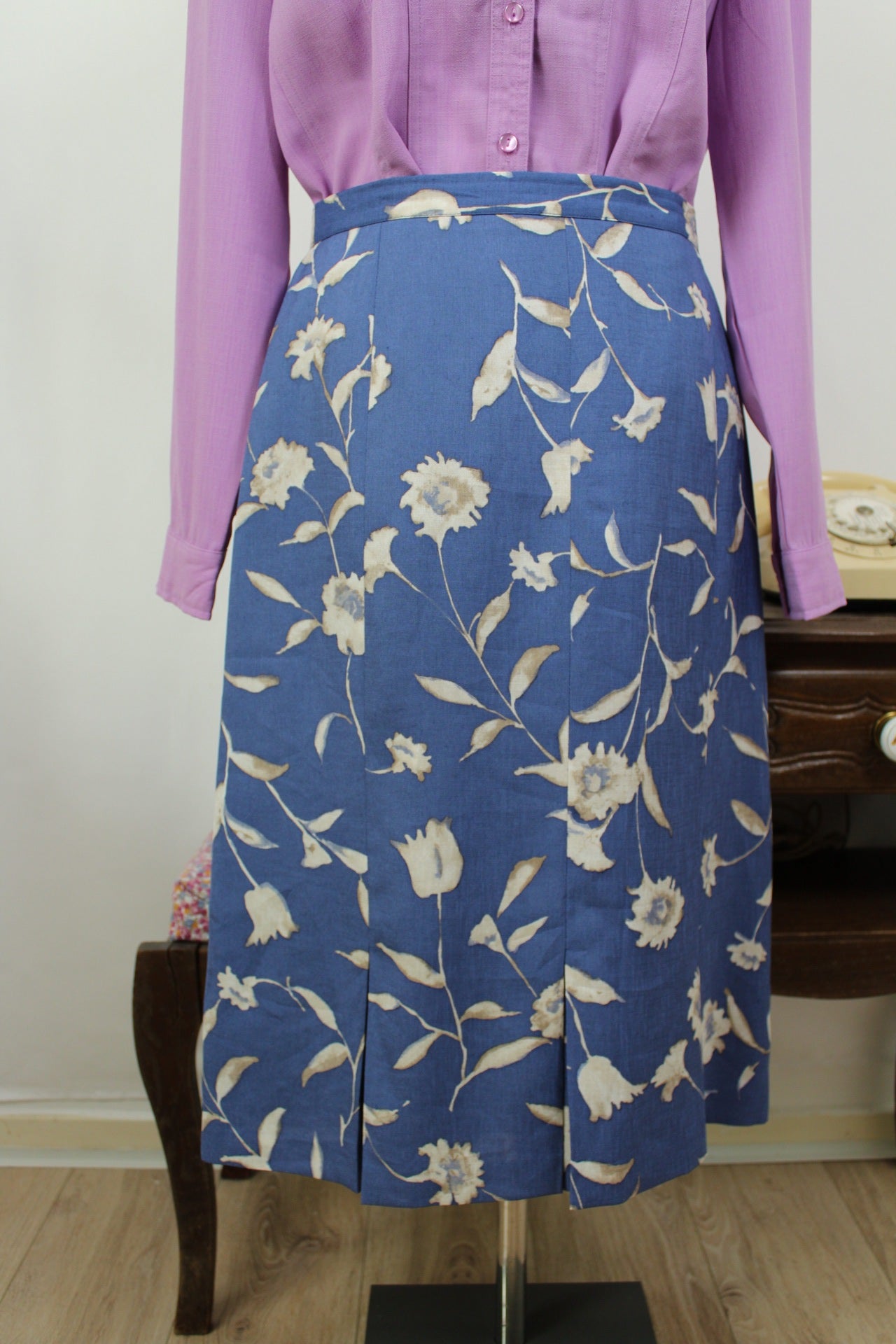 🍒🌸Jupe vintage 80's fleurie bleue et crème - Taille 38🌸🍒