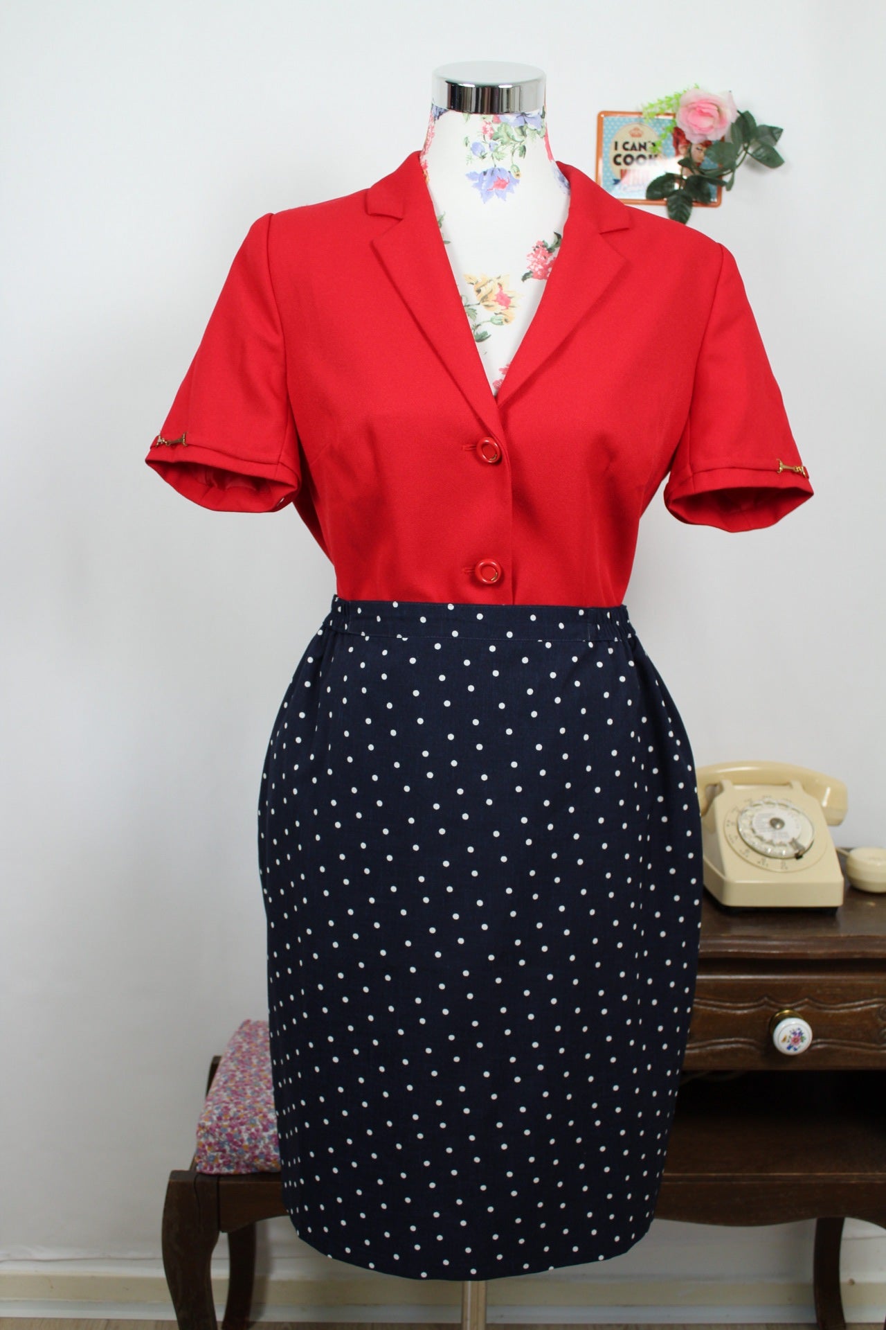 🌸🍒Jupe vintage 80's esprit pin-up rockabilly bleu marine à pois - Taille 38/40🍒🌸