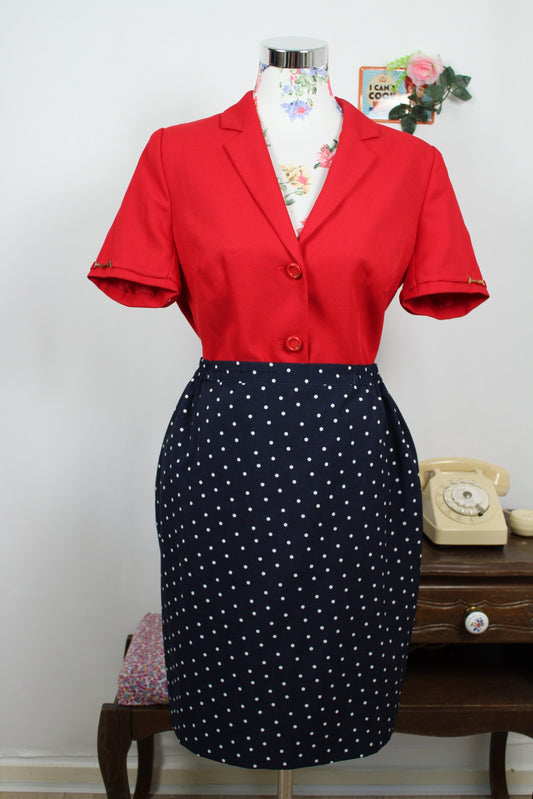 🌸🍒Jupe vintage 80's esprit pin-up rockabilly bleu marine à pois - Taille 38/40🍒🌸
