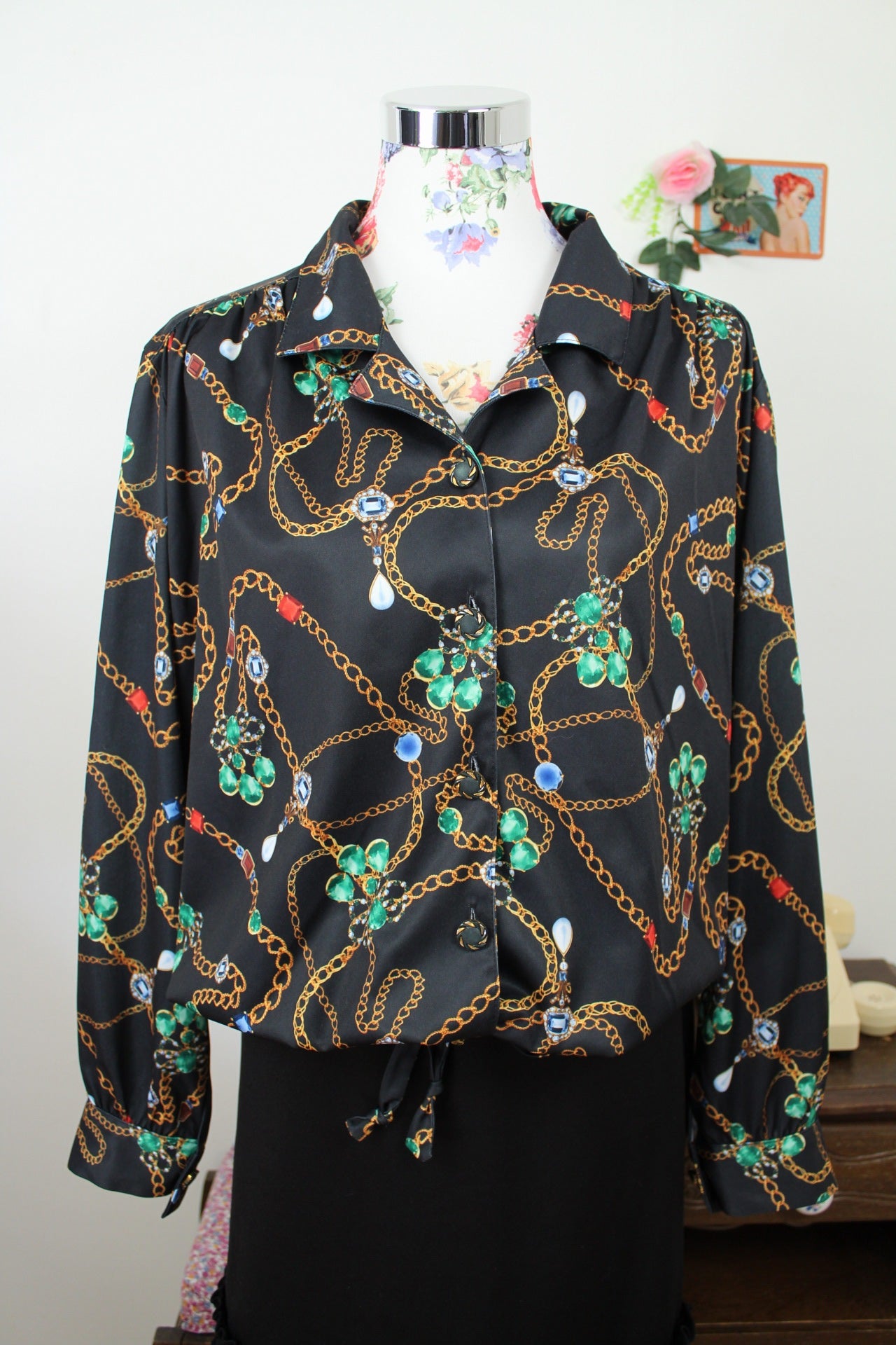 🌸🍒Blouse vintage 80/90s chaîne & bijoux col chemise - Afibel - Taille 44/46🍒🌸