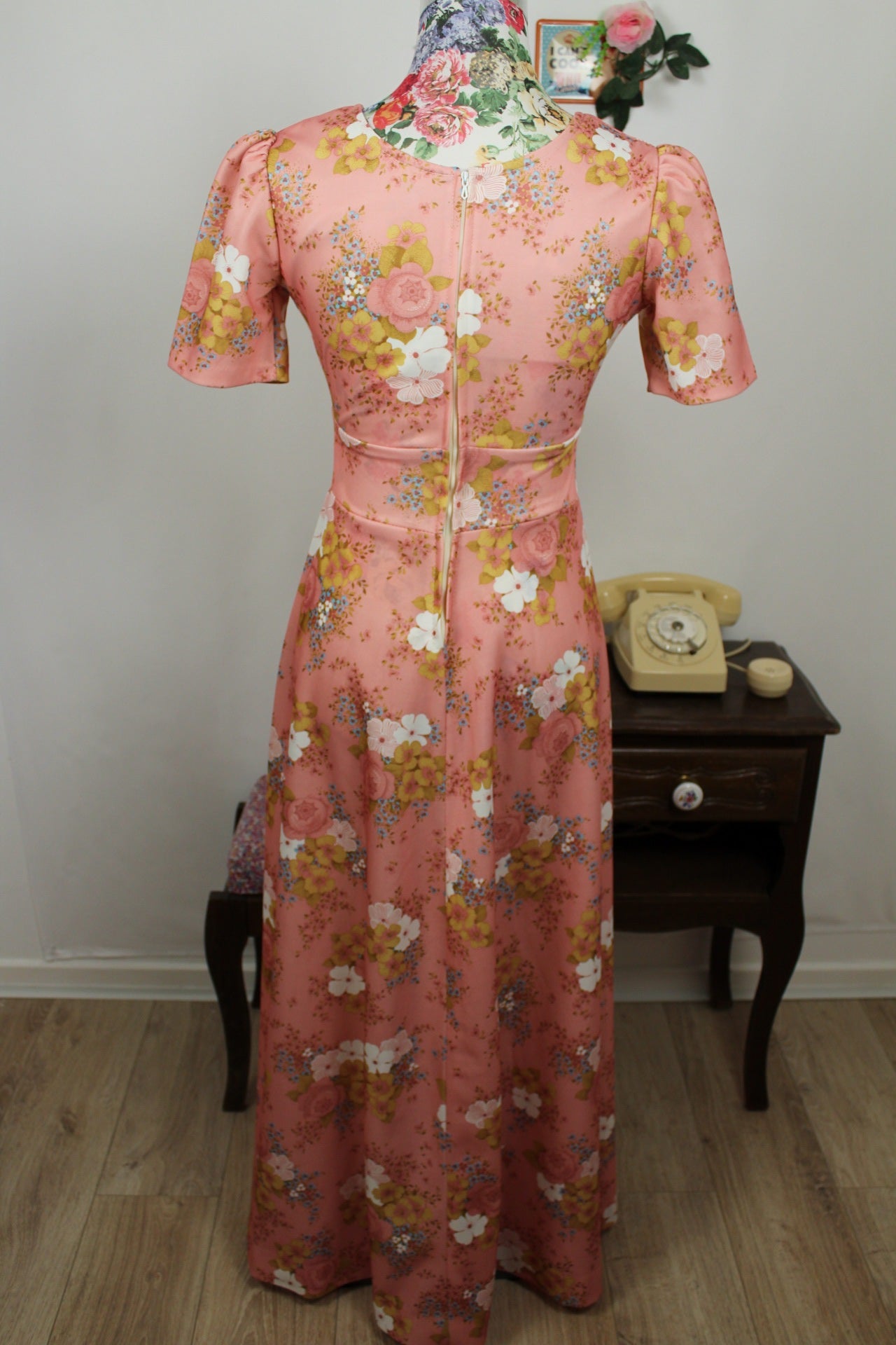 🌸🍒Robe longue vintage 70's bohème romantique rose poudrée fleurie - Taille 34/36🍒🌸