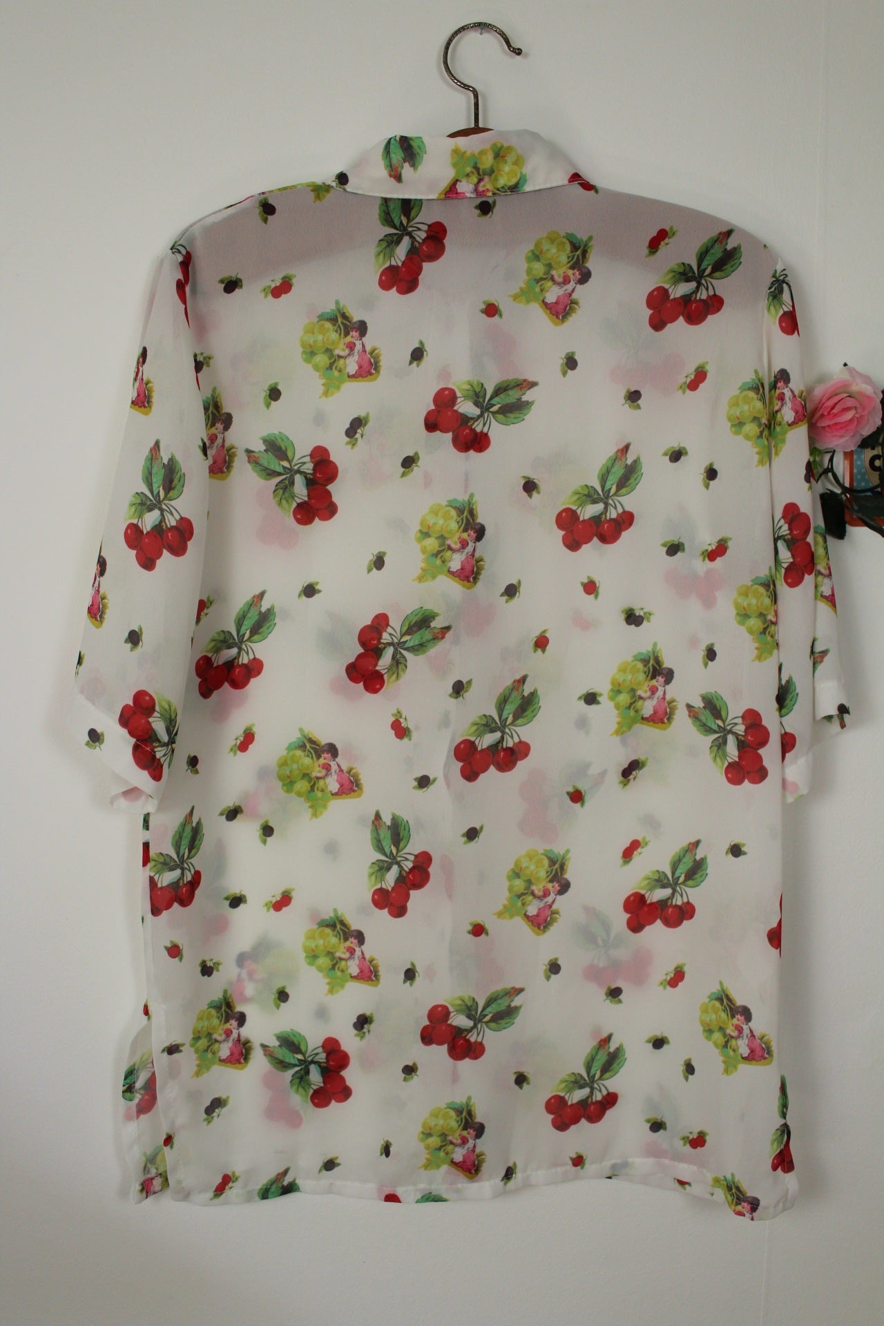 🌸🍒Chemise vintage 80/90's motifs fruits & anges romantique - Taille 38/40🍒🌸