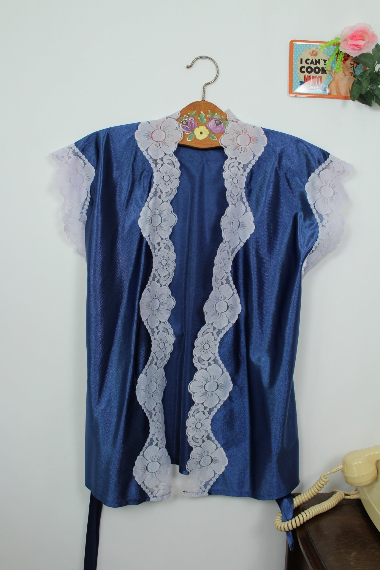 🌸🍒Caraco vintage 70/80's satiné bleu nuit - made in England - Taille 34/36🍒🌸