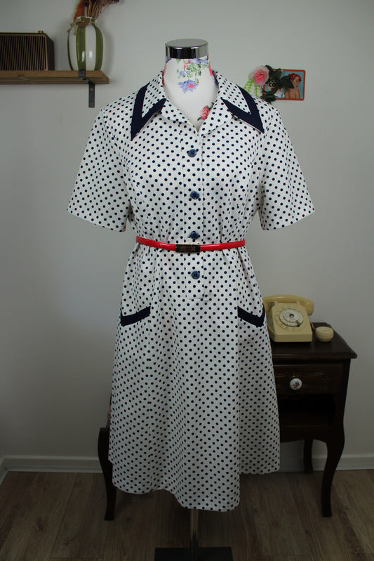 🌸🍒Robe vintage 80's pin-up/rockabilly à pois marine - col chemise - Taille 40/42🍒🌸