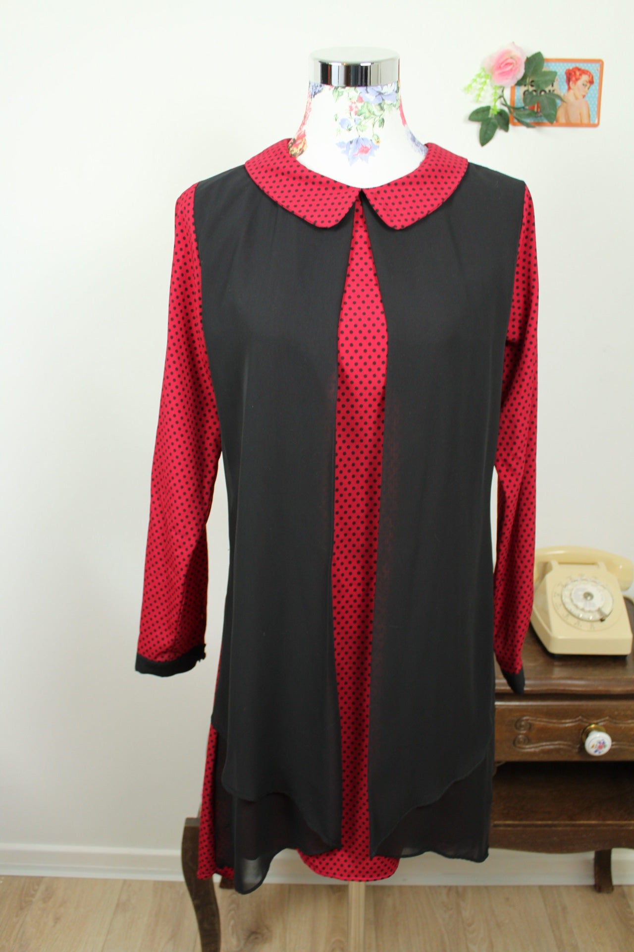 🍒🌸Robe vintage 80's pois rouge & noir - col claudine style pin-up rockabilly - Taille 38/40🌸🍒