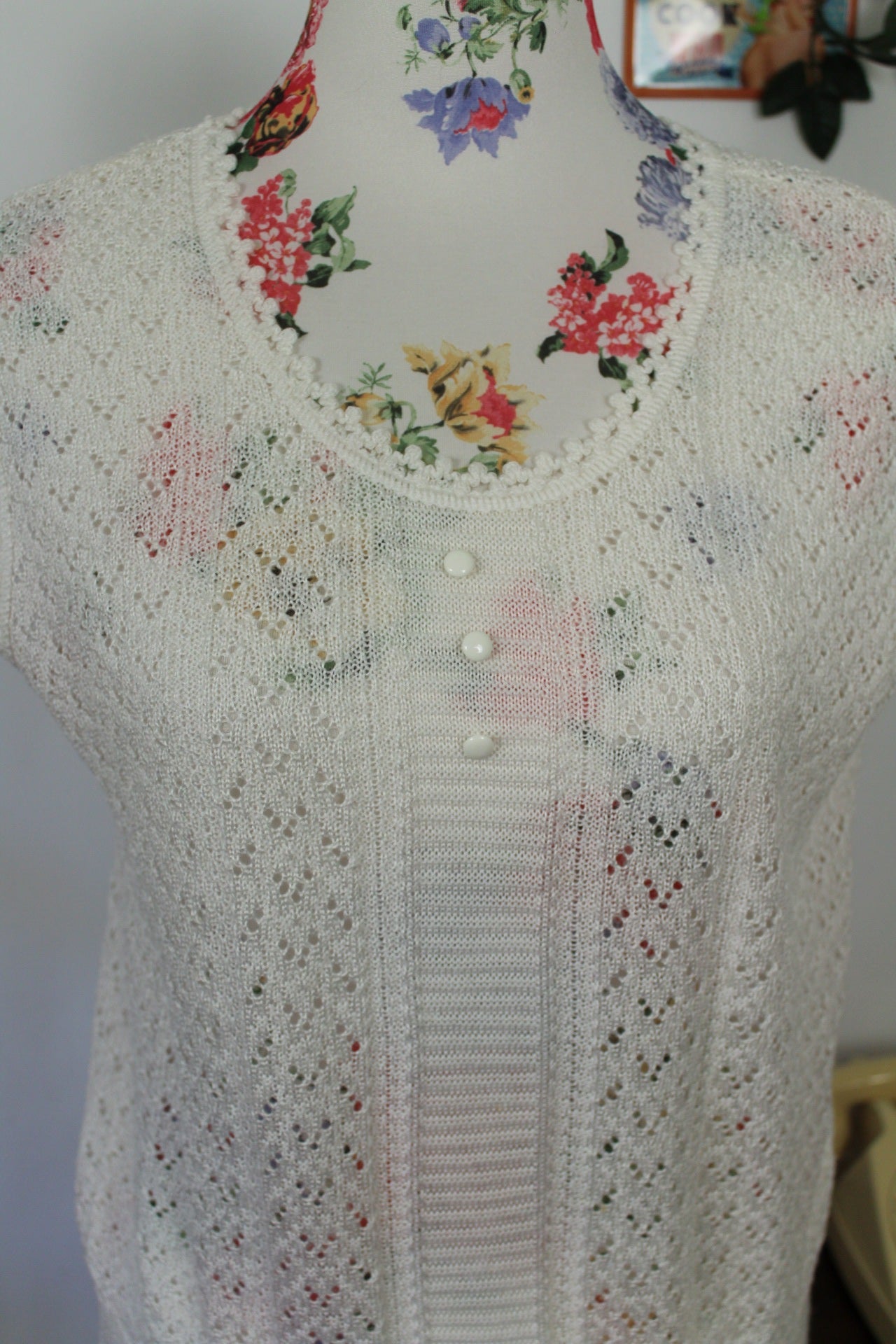 🌸🍒Haut blanc vintage 80's en mailles ajourées - boutons nacrés - Taille 38/40🍒🌸
