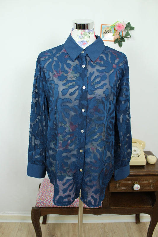 🍒🌸Chemise vintage 80/90s bleu marine - voile transparent - Taille 40/42🌸🍒