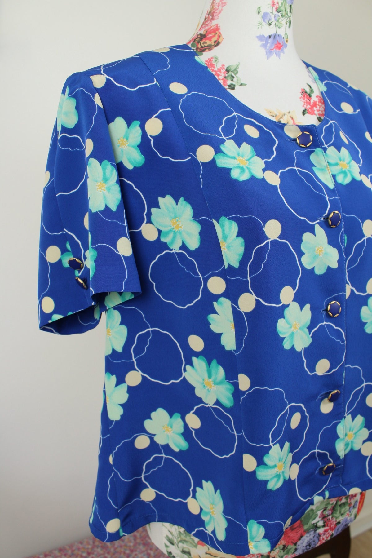 🌸🍒Chemise vintage années 80 bleu pep's - pois & fleurs - Taille 40🍒🌸
