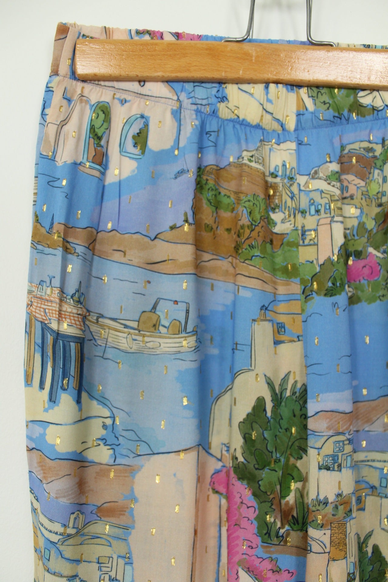 🌸🍒Pantalon fluide paysage de vacances - villages blancs & bord de mer - T.38🍒🌸