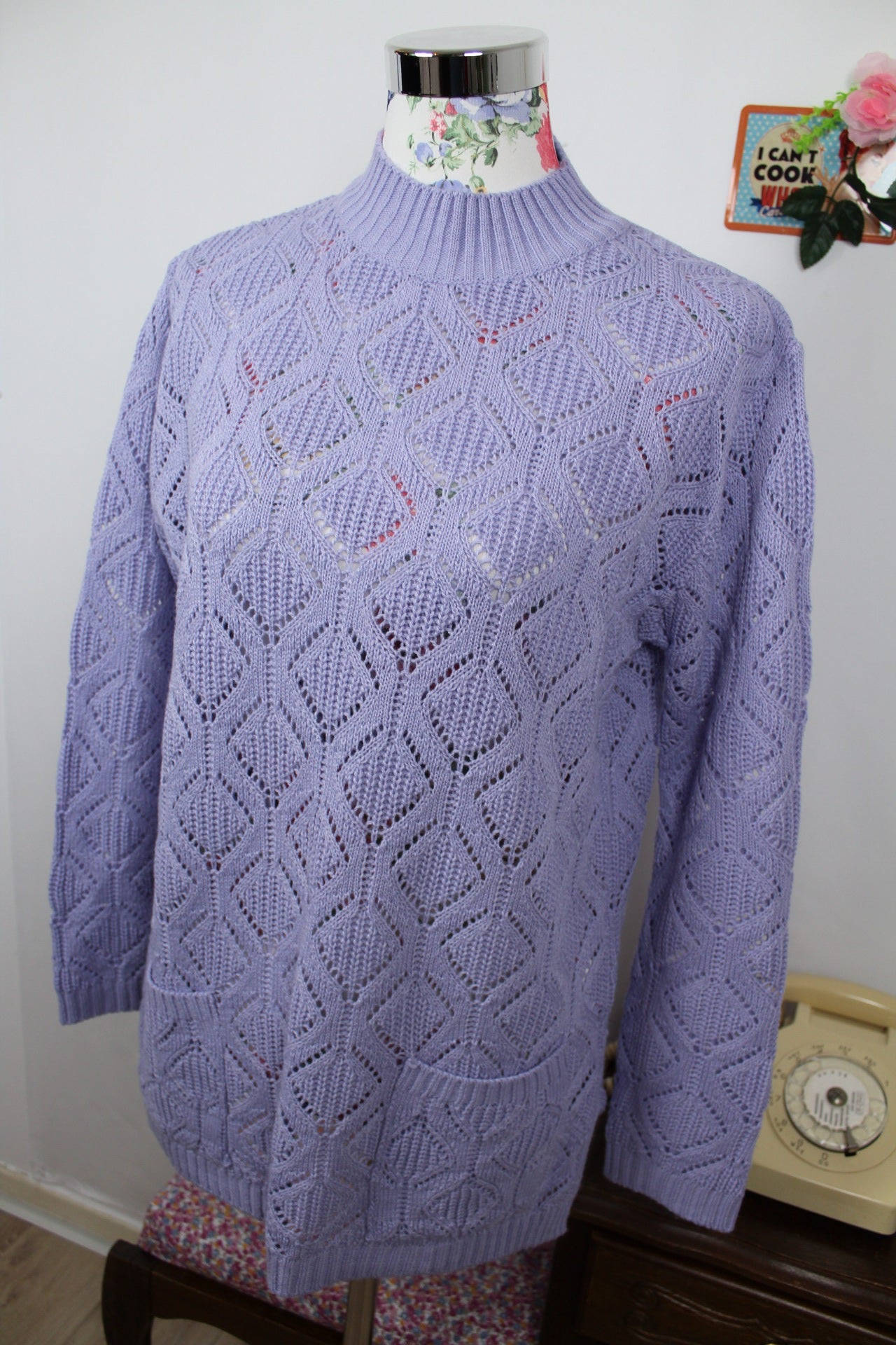 🍒🌸Pull ajouré lila vintage années 80 en laine - long & cosy avec poches - Taille 40/42 🌸🍒