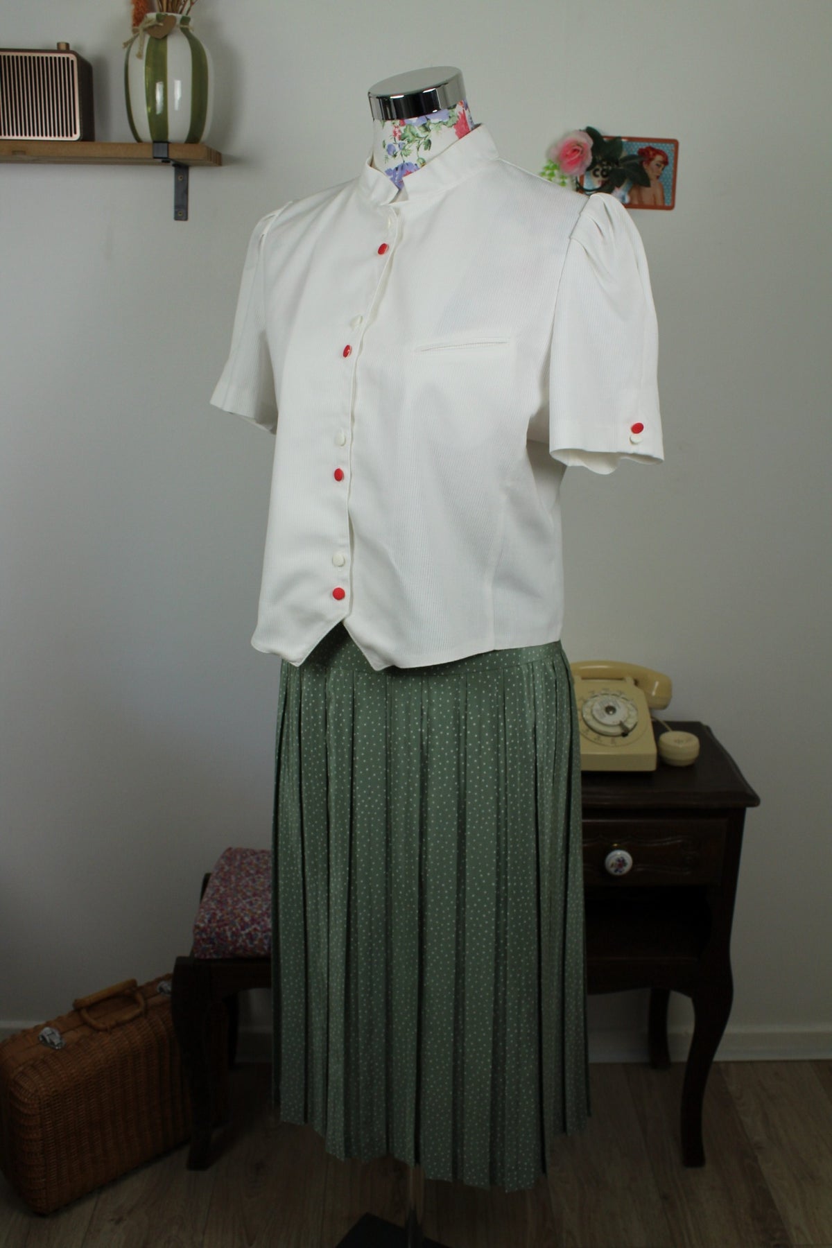 Jupe vintage années 80 style pin-up vert sauge à pois - Taille 42/44