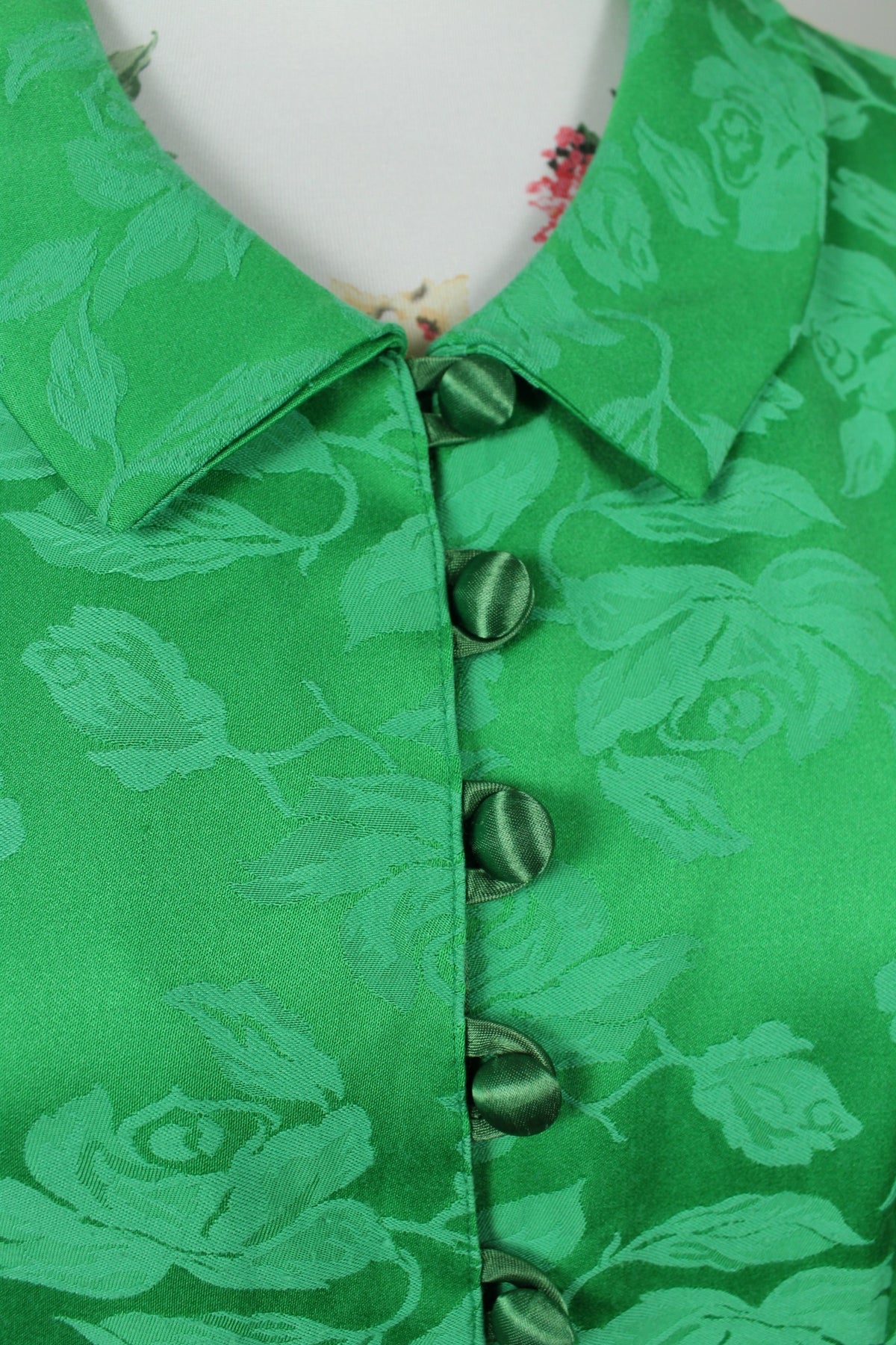 Robe vintage années 80/90 romantique vert satiné & roses ton sur ton - Taille 40