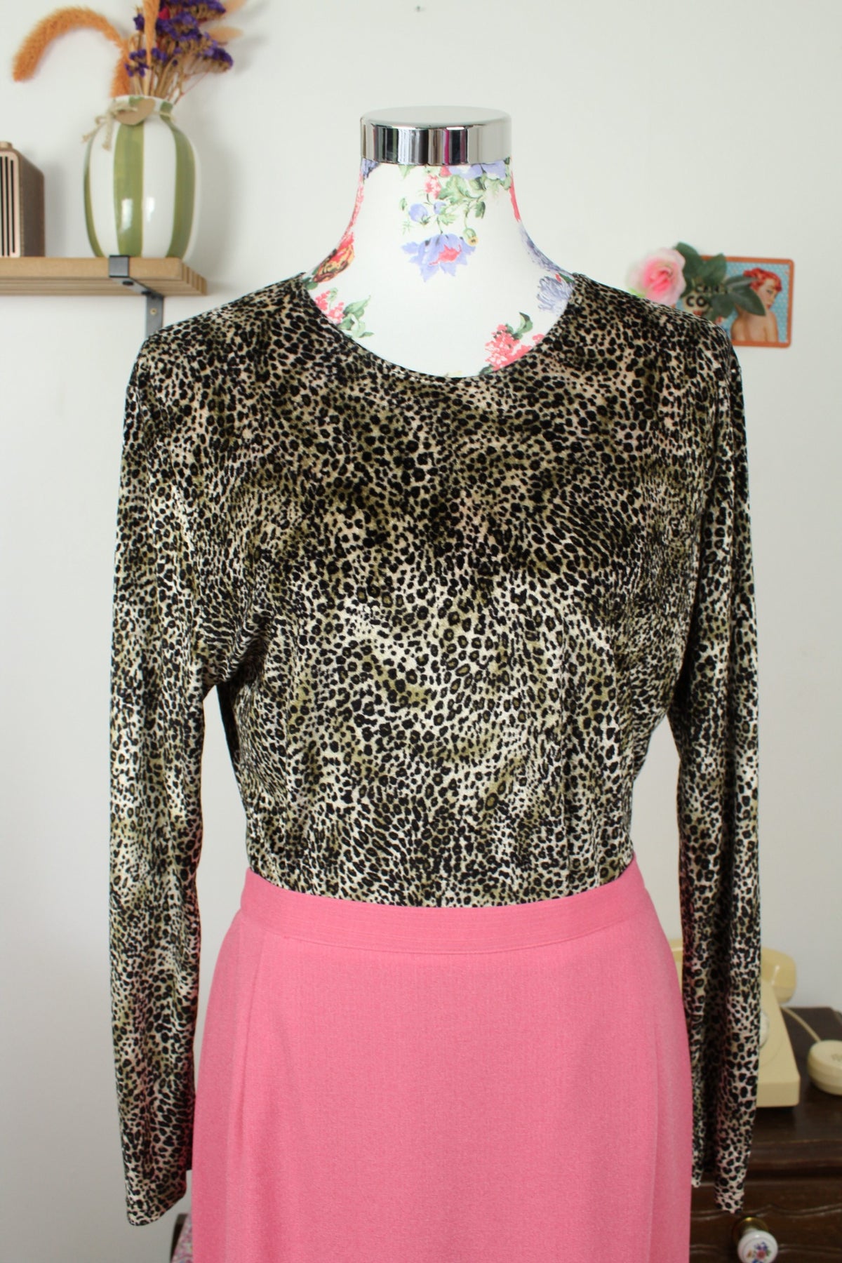 Blouse léopard vintage années 90 en velours - pin-up/rockabilly - Taille 38/40