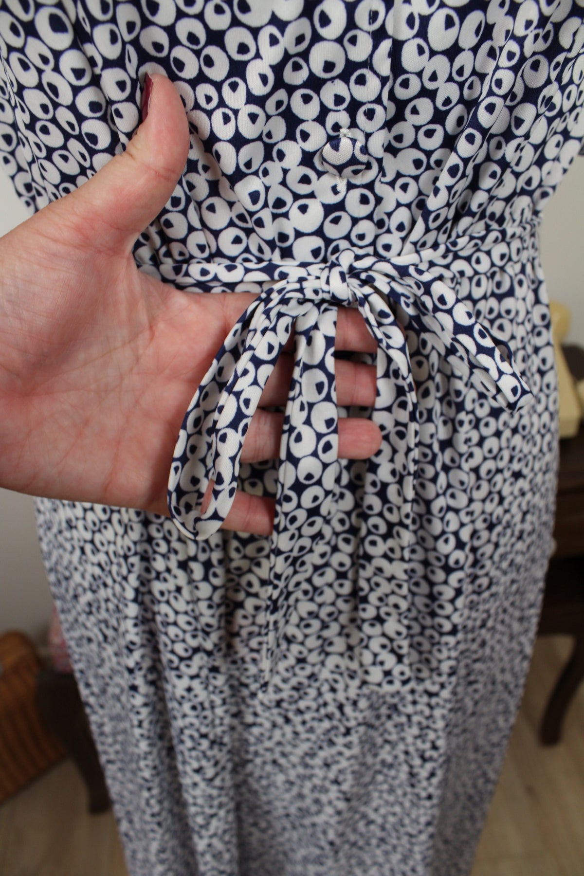 Robe chemisier vintage années 80 à pois bleu marine - pin-up chic à la française - Taille 40/42
