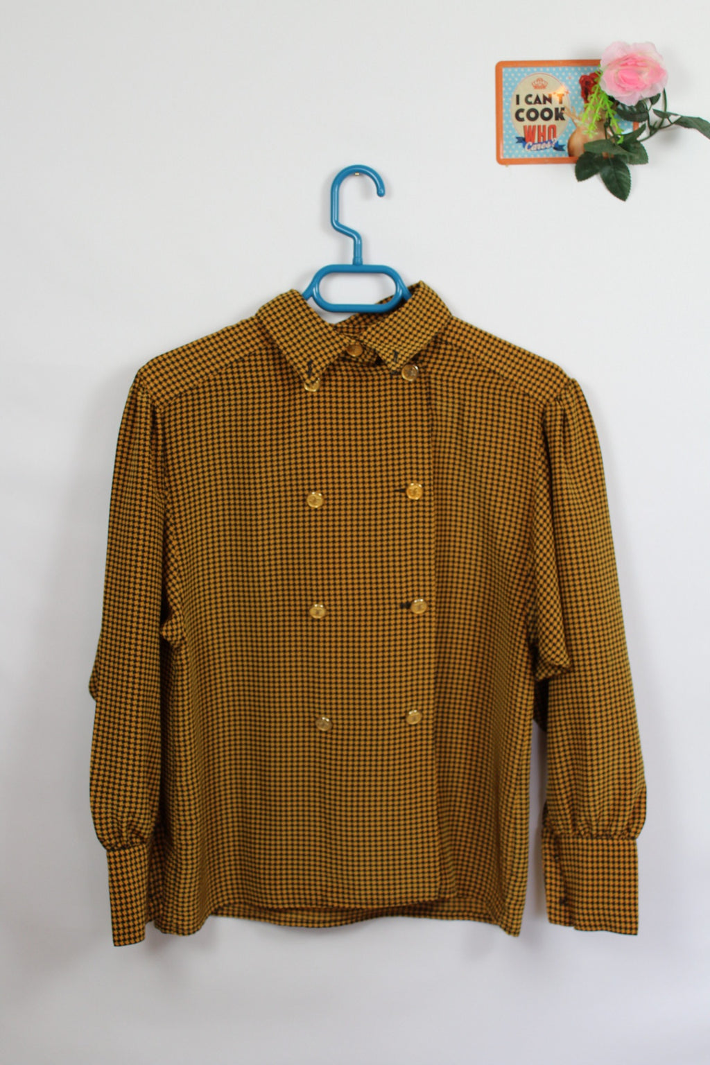 🌸Chemise vintage 80s chic - pieds de poule moutarde & boutons dorés🍒