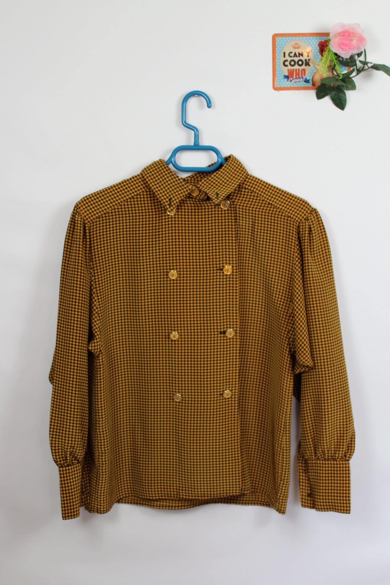 🌸Chemise vintage 80s chic - pieds de poule moutarde & boutons dorés🍒