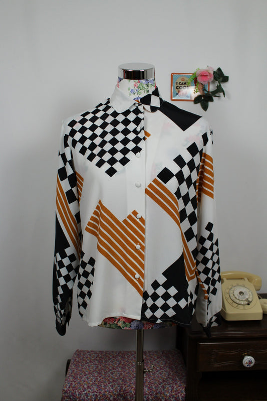 🍒🌸Chemise vintage 80's Touareg motifs graphiques damiers noirs & orangés - taille 40🌸🍒