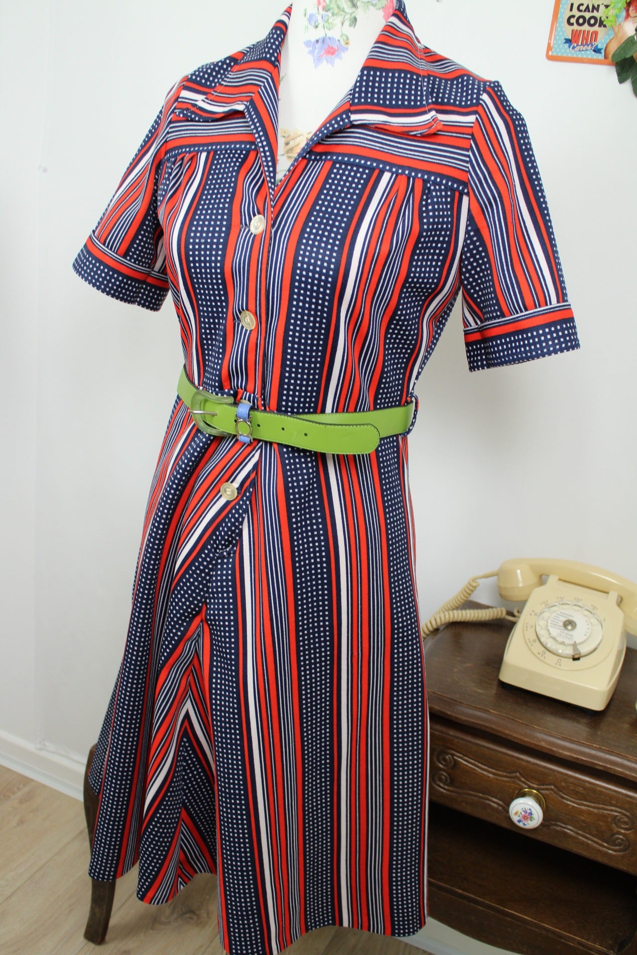 🌸🍒Robe vintage 70's Navy pin-up chic - rayures rouge/marine & pois - Taille 38🍒🌸