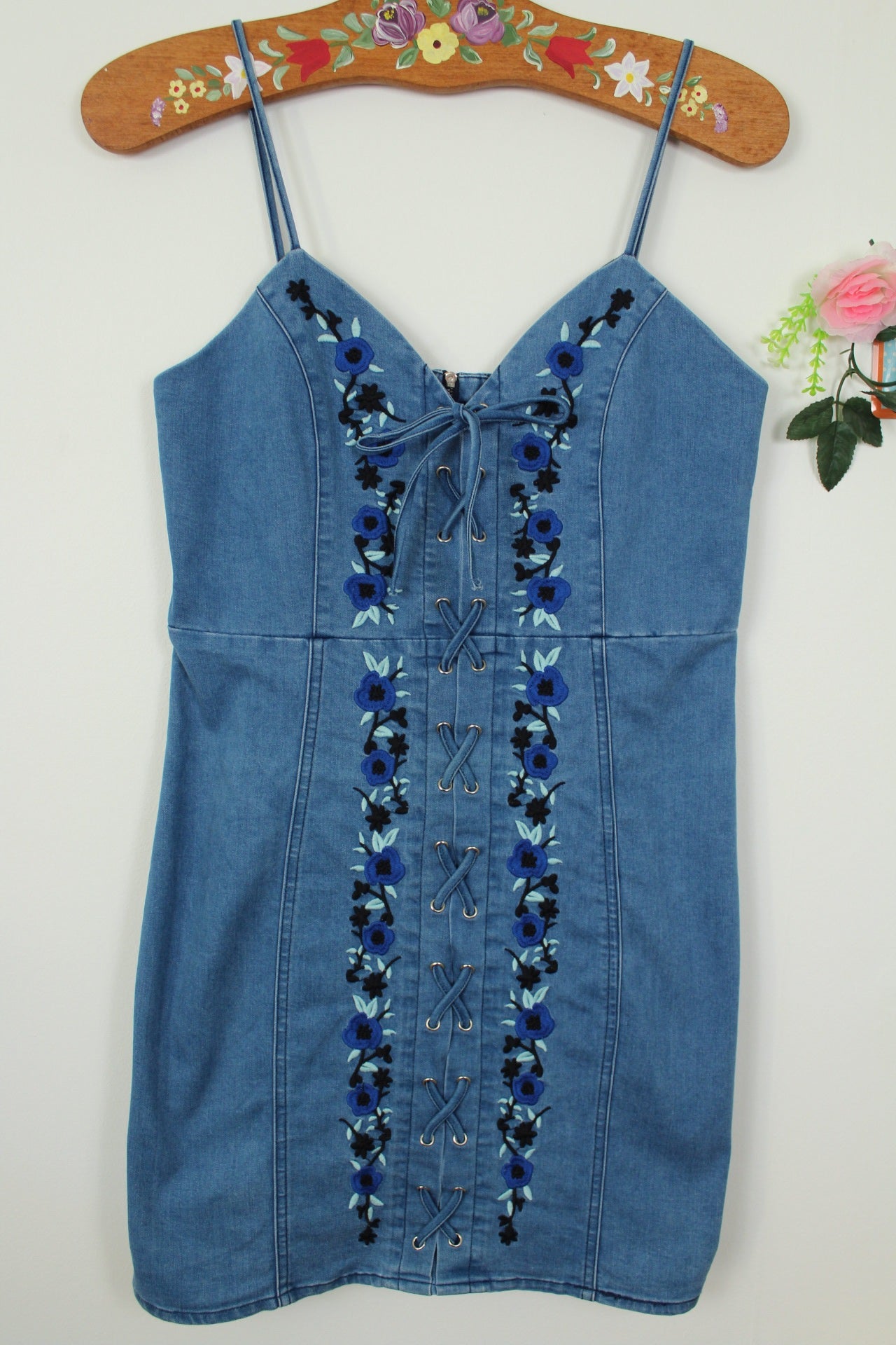 🌸🍒Robe en jean denim Y2k 2000's laçage & bordries florales - Taille 38🍒🌸
