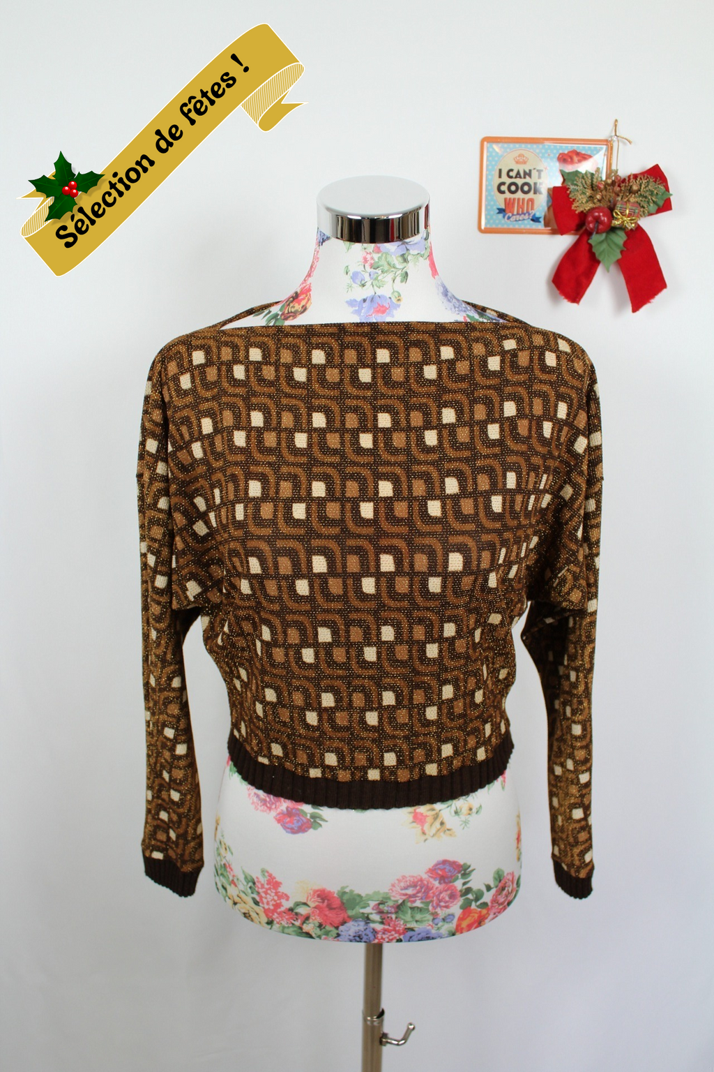 ✨Pull géométrique vintage 70's - couleurs chaudes & paillettes - pull de fêtes✨