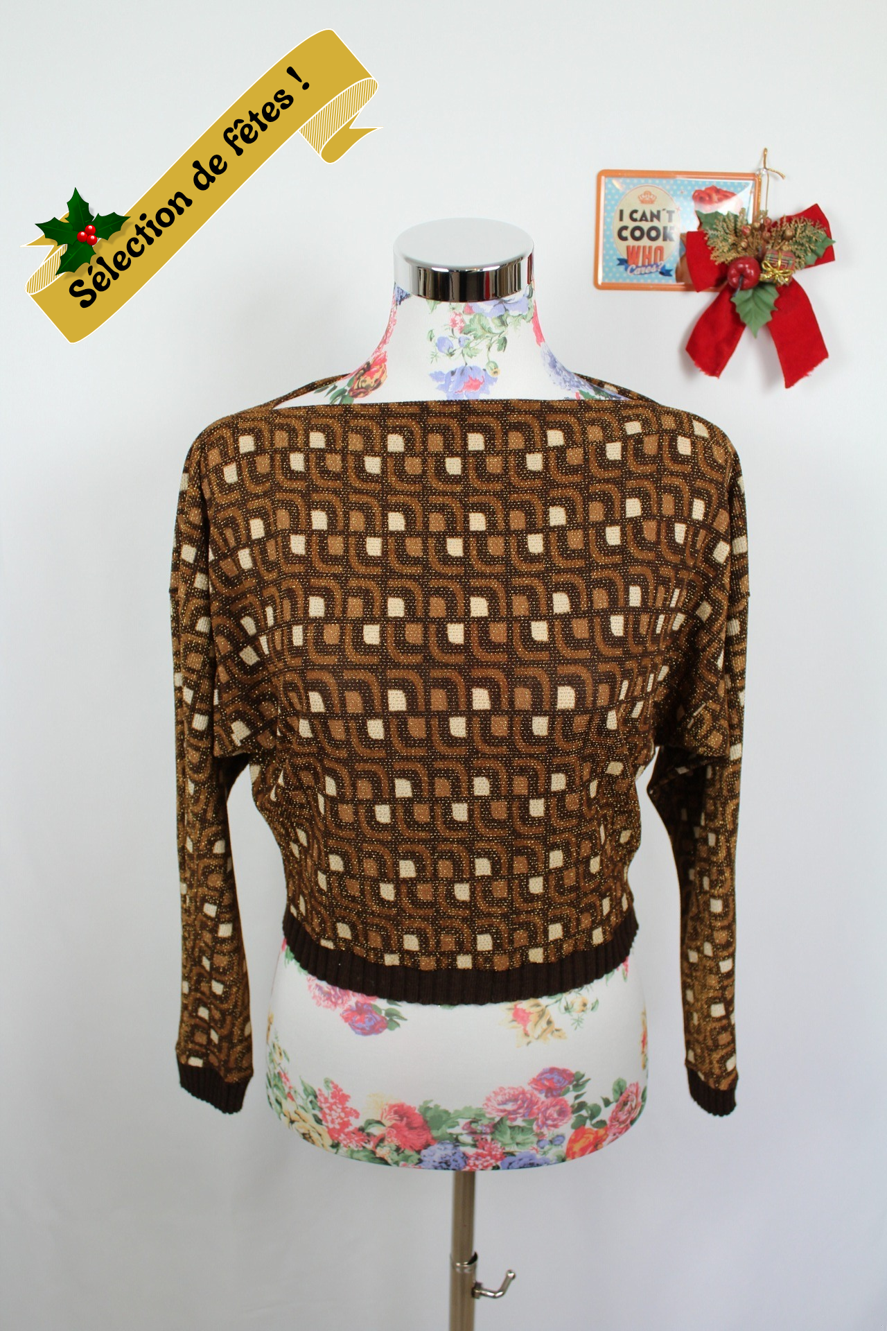 ✨Pull géométrique vintage 70's - couleurs chaudes & paillettes - pull de fêtes✨
