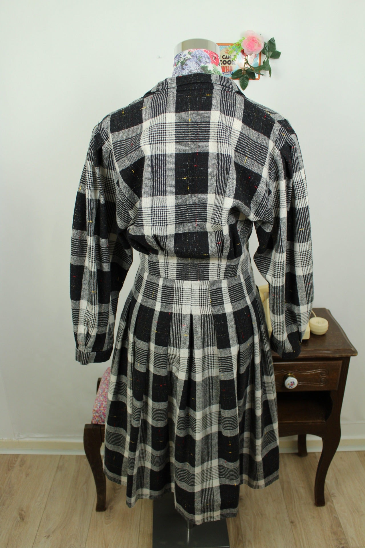 🌸🍒Robe d'hiver vintage faite main - carreaux noir & blanc - plissée années 80 - Taille 36/38🍒🌸