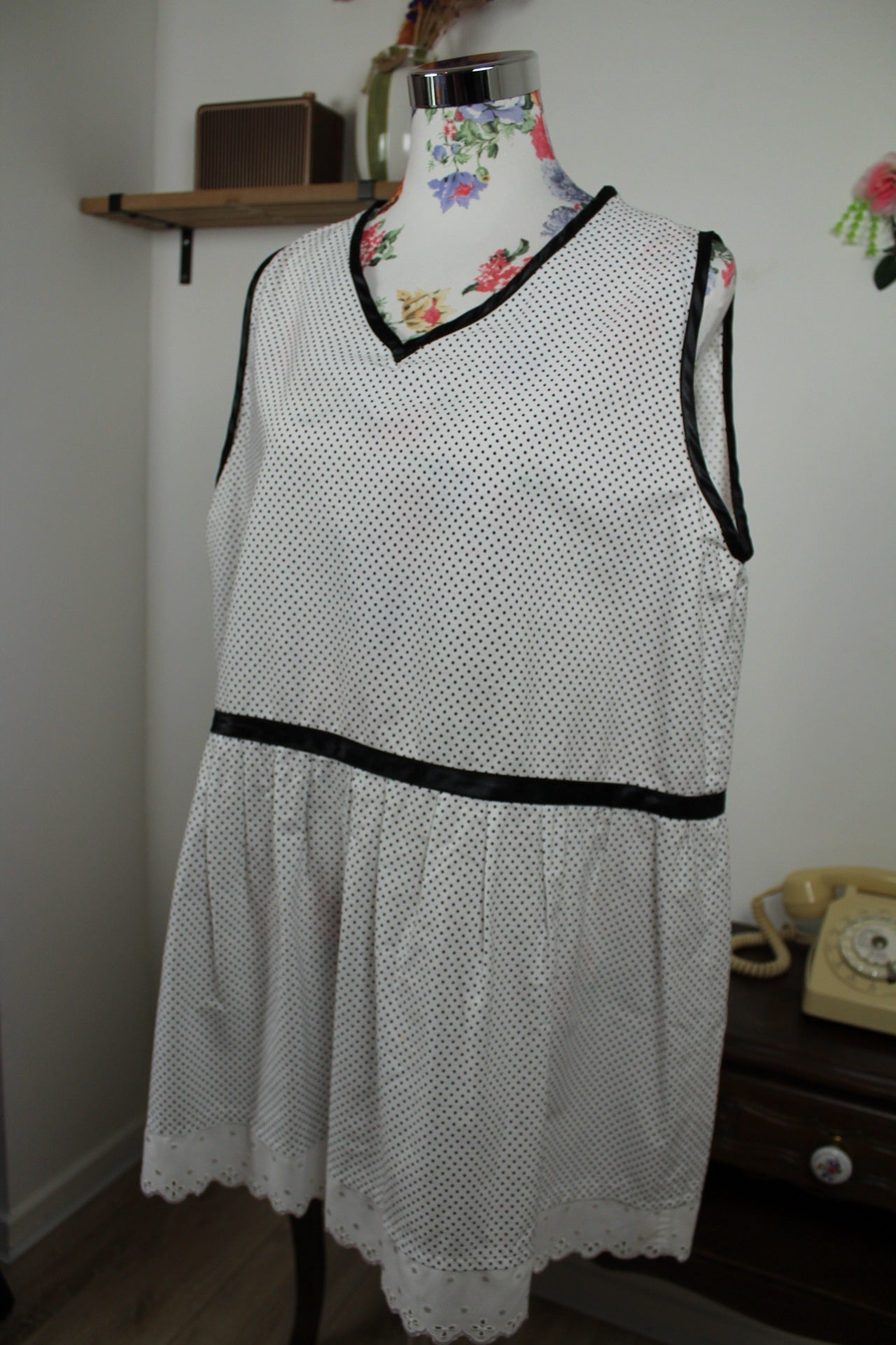 🌸🍒Robe courte/tunique vintage 90's à pois - dentelle en coton + Taille 42/44🍒🌸