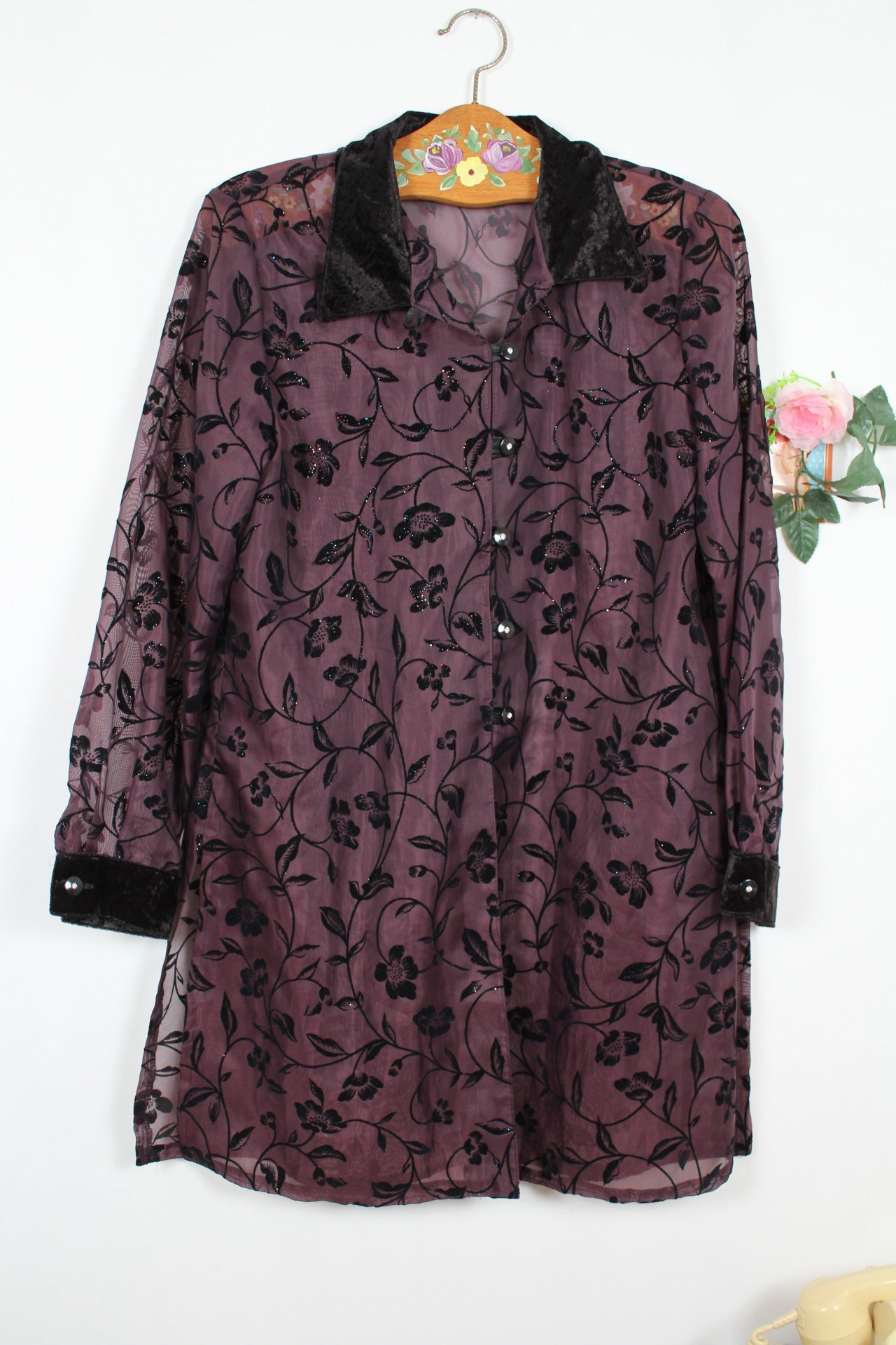🌸🍒Chemise vintage 90's violette velours & paillettes - élégance mystique -Taille 38🍒🌸