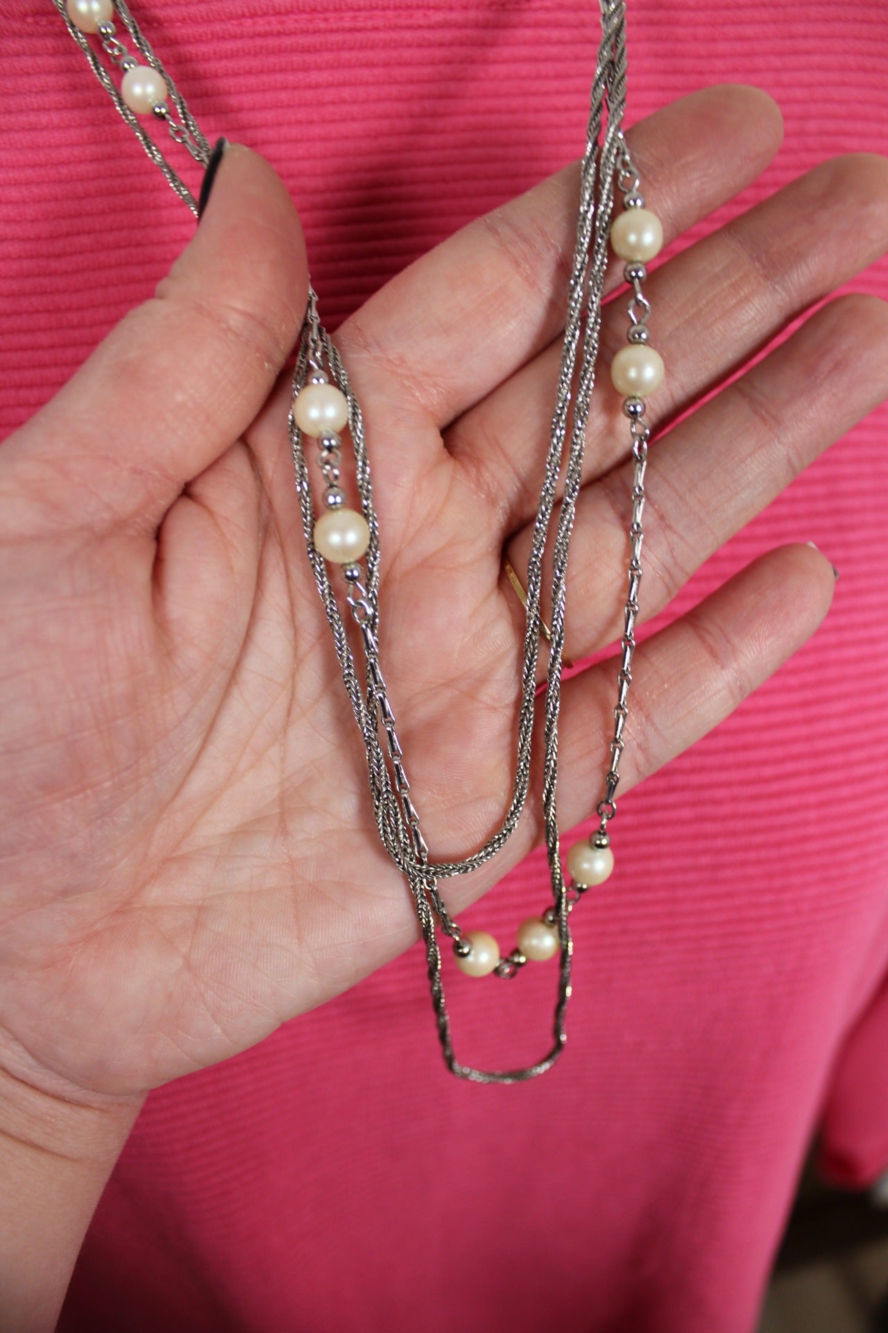 🌸🍒Collier long multi-rangs argenté & perles nacrées - années 90🌸🍒