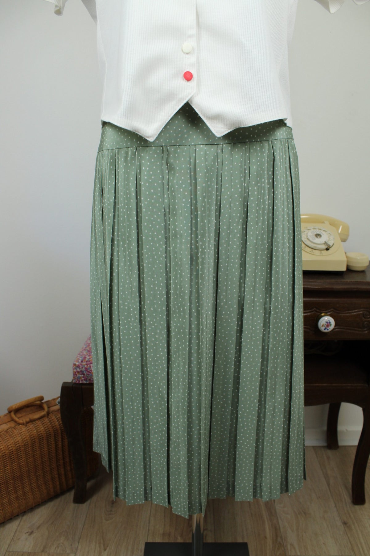 Jupe vintage années 80 style pin-up vert sauge à pois - Taille 42/44