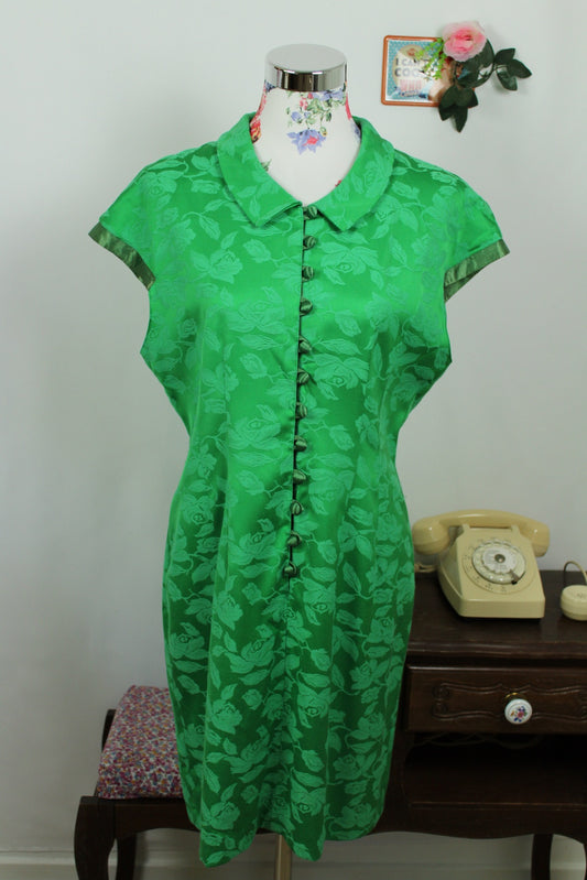 🌸🍒Robe vintage 80/90s romantique vert satiné & roses ton sur ton - Taille 40🍒🌸