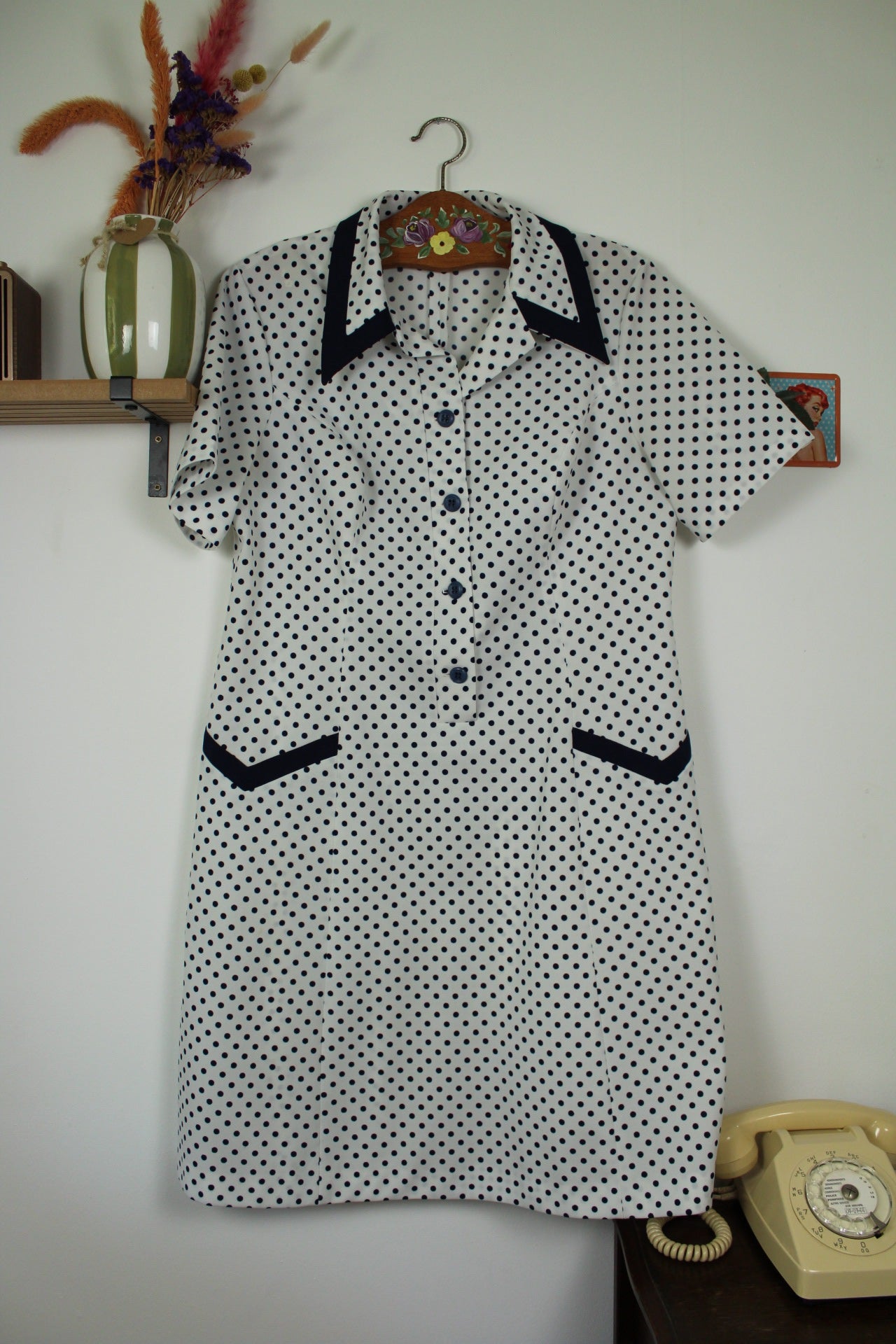 🌸🍒Robe vintage 80's pin-up/rockabilly à pois marine - col chemise - Taille 40/42🍒🌸