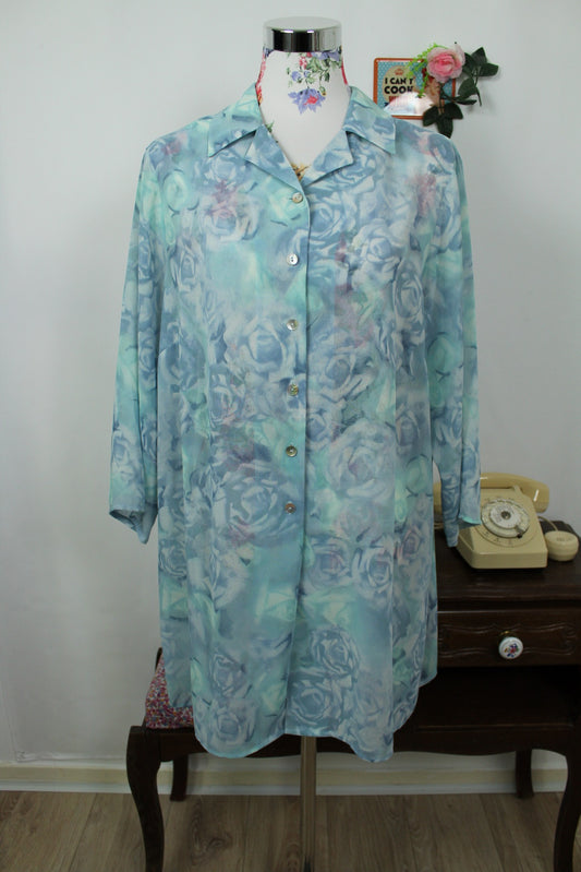 🌸🍒Chemise longue vintage 90's voile roses bleues - Taille 44/46🍒🌸