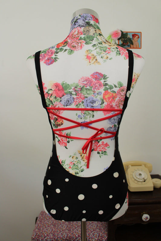 🌸🍒Maillot de bain vintage 80/90's pois & laçage style pin-up - Taille 38🍒🌸