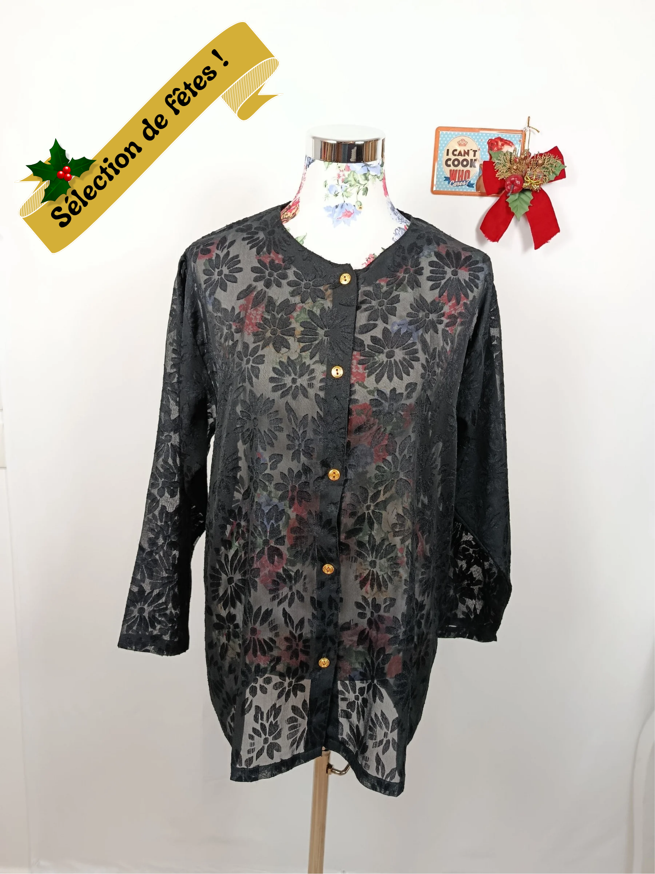 ✨Blouse vintage noire transparente 80's - boutons dorés & fleurs en relief✨