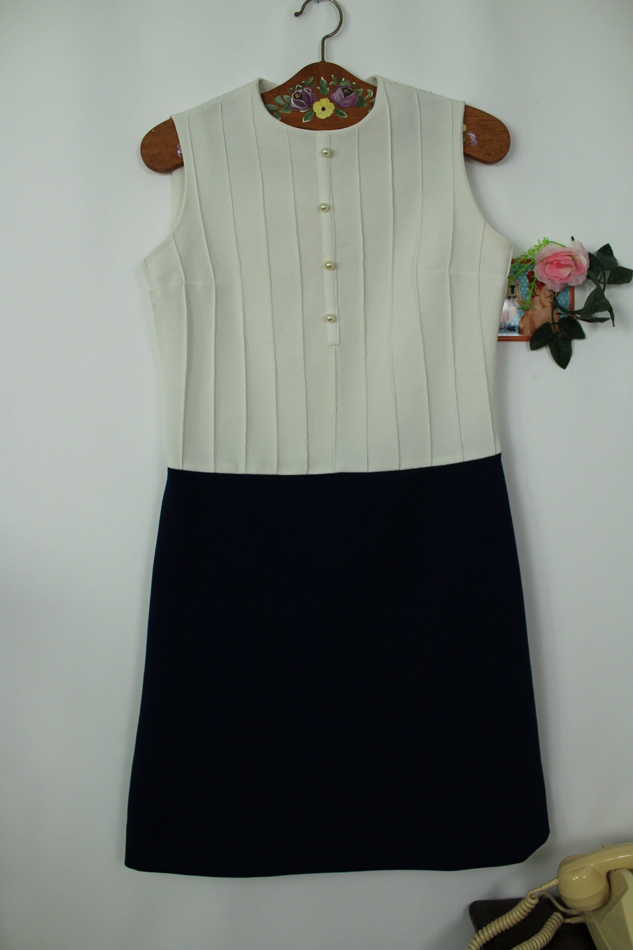 🌸🍒Robe vintage 60's blanche & marine chic - boutons nacrés - Taille 38🍒🌸