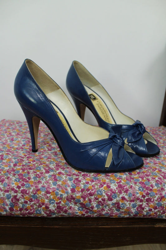 🌸🍒Escarpins vintage 80/90's bleu bout ouvert peep toe & nœud - cuir véritable - pointure 38🍒🌸