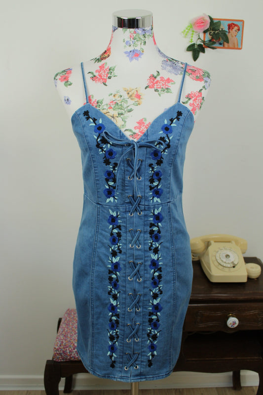 🌸🍒Robe en jean denim Y2k 2000's laçage & bordries florales - Taille 38🍒🌸