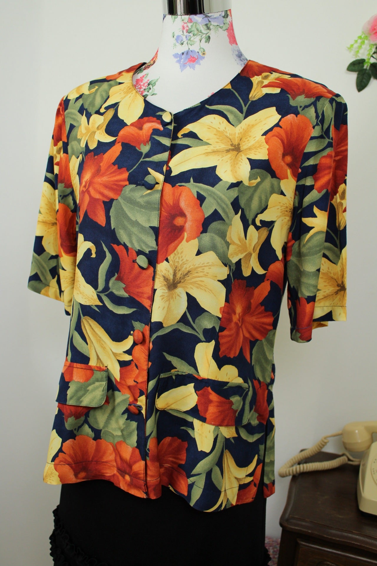 🌸🍒Chemise vintage 90's fleurs de Lys XXL tons chauds - Taille 38/40🍒🌸