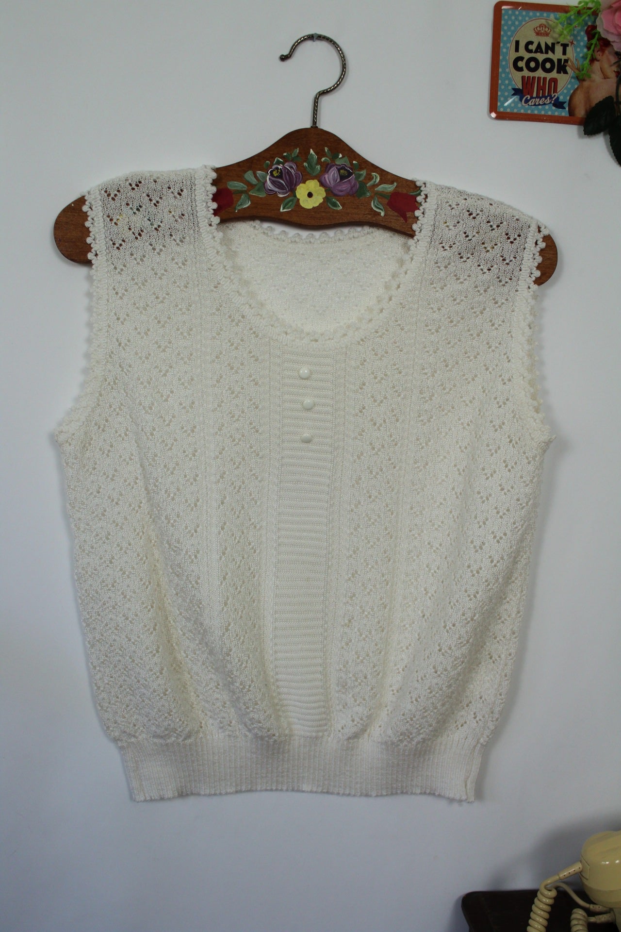 🌸🍒Haut blanc vintage 80's en mailles ajourées - boutons nacrés - Taille 38/40🍒🌸