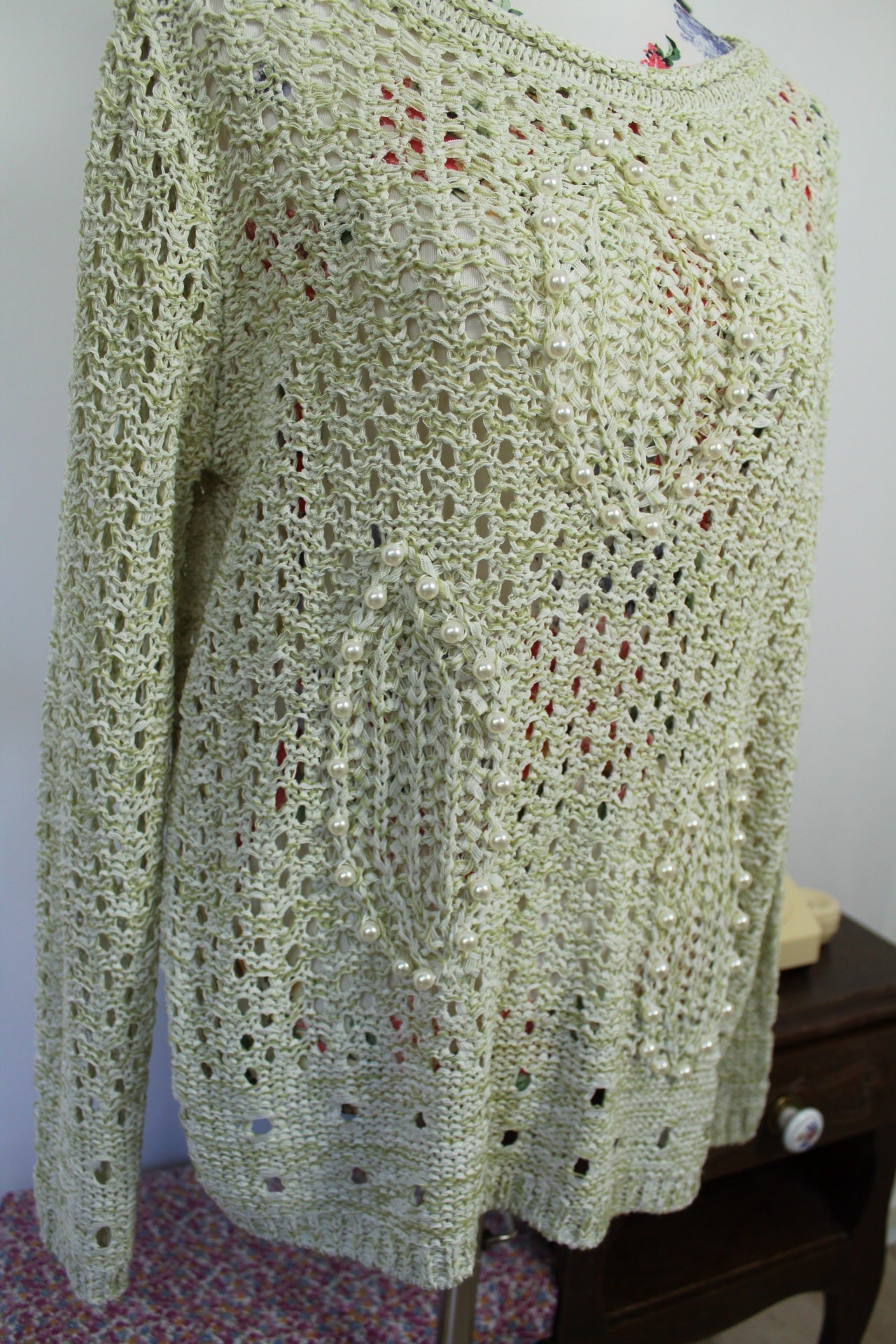 🌸🍒Pull ajouré perles nacrées vintage chic - Création L - 90s/2000s - Taille 40/42🍒🌸