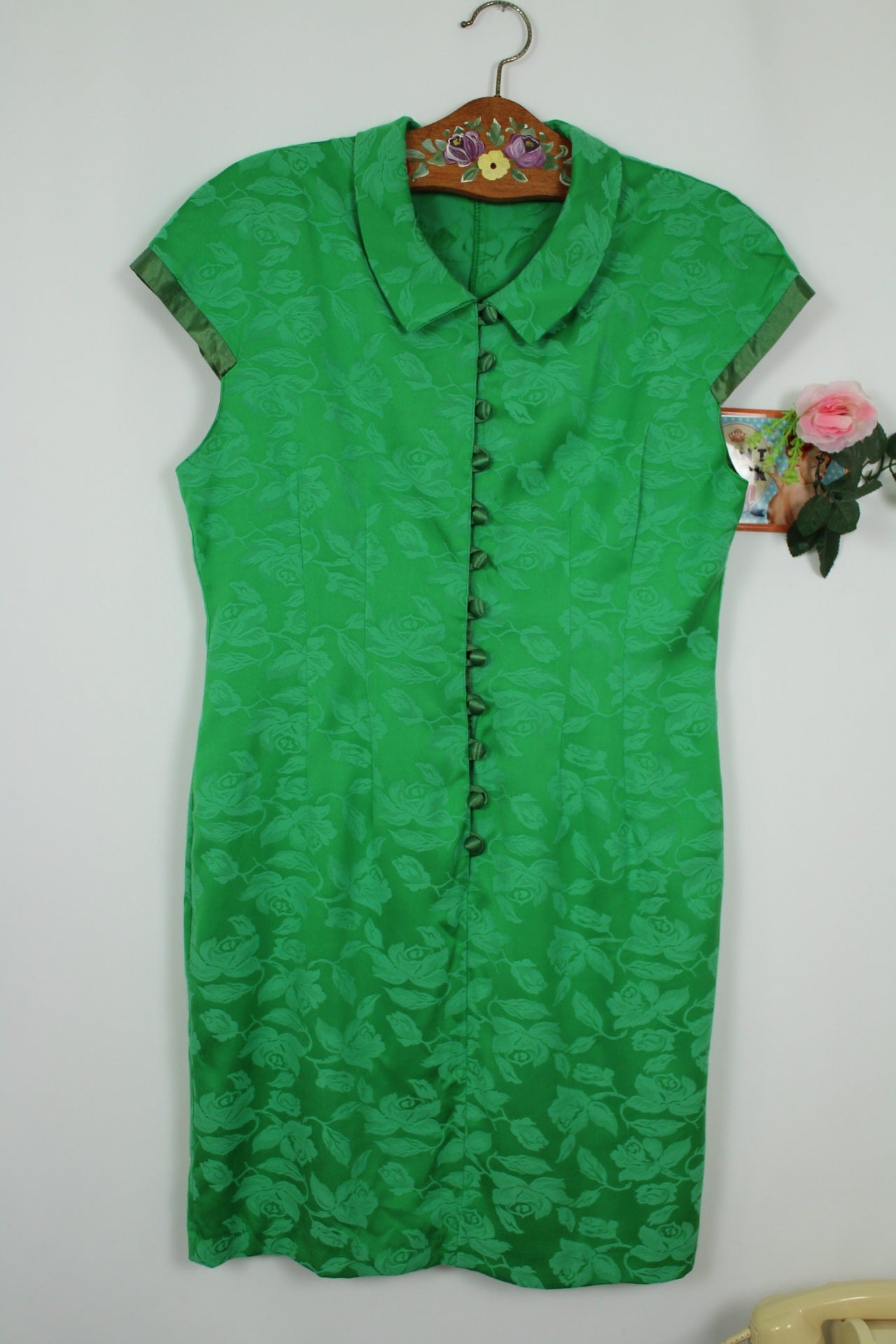 🌸🍒Robe vintage 80/90s romantique vert satiné & roses ton sur ton - Taille 40🍒🌸