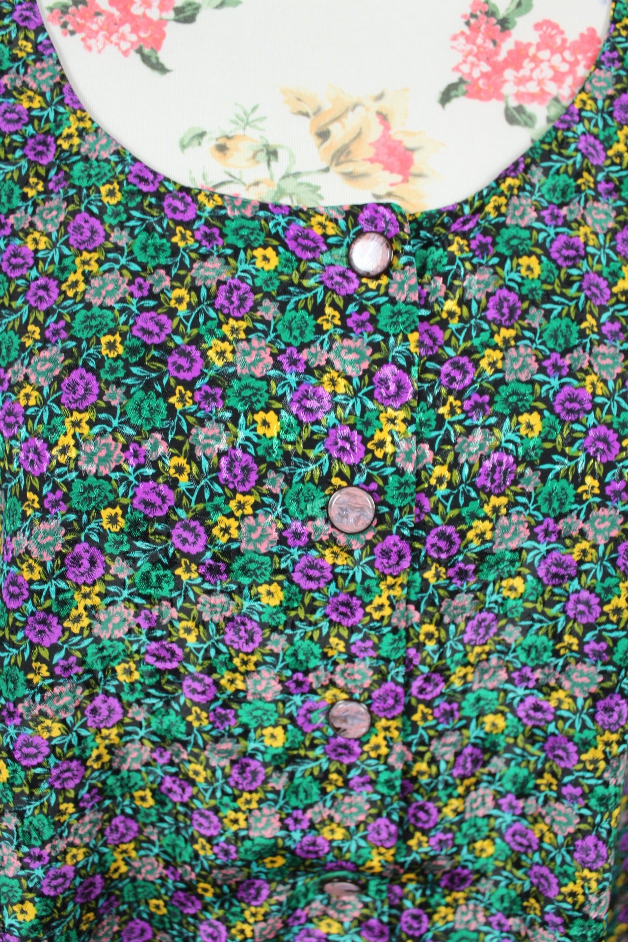 🌸🍒Blouse vintage 80/90s fait main fleurie - manches bouffantes & boutons nacrés - Taille 46/48🍒🌸