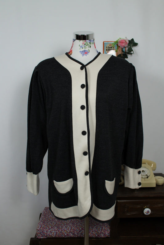 🌸🍒Cardigan vintage années 80 gris & crème - made in France - Taille 44/46🍒🌸