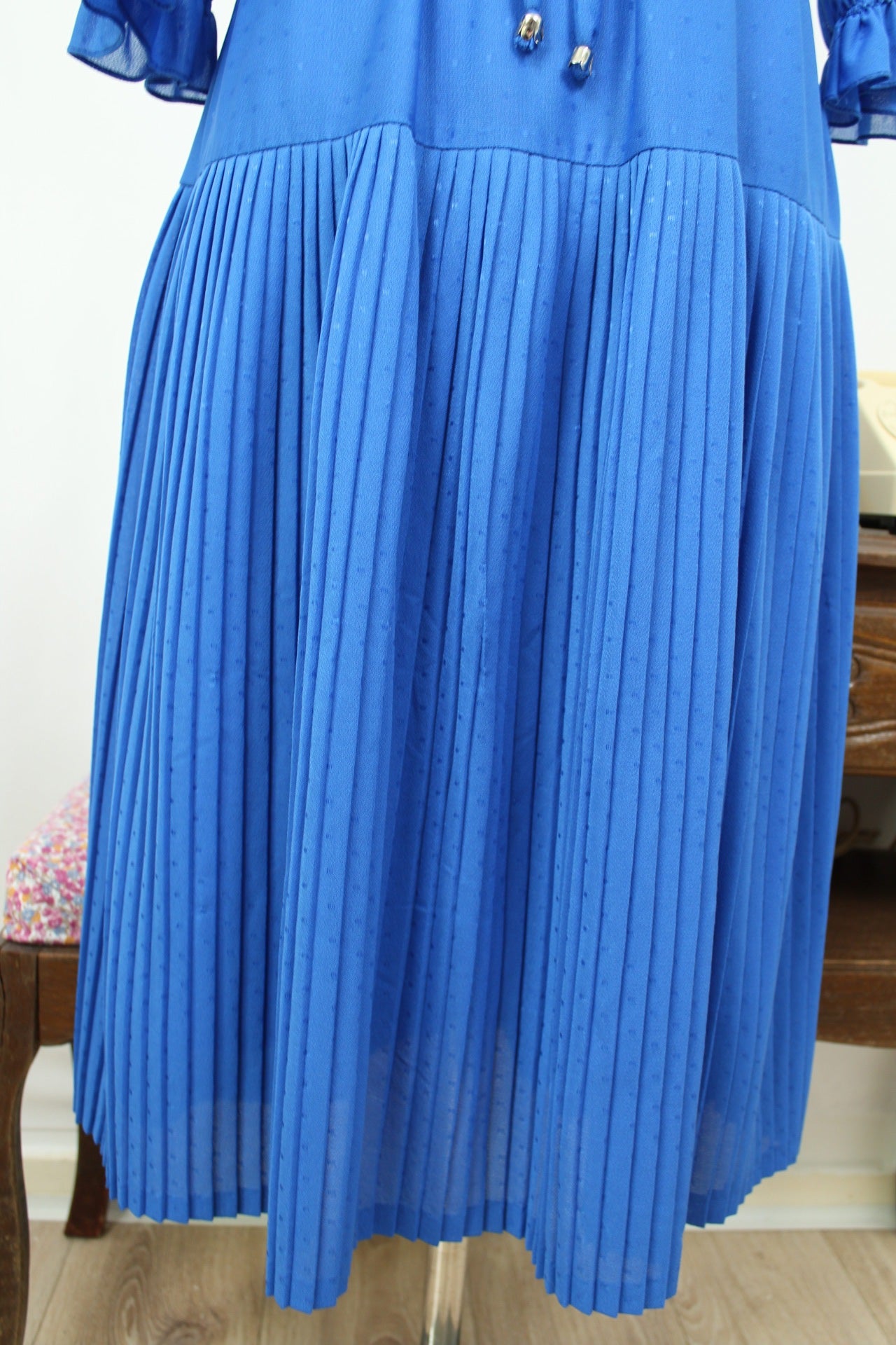 🌸🍒Robe bleue plissée vintage 70/80's manches bouffantes - Taille 40/42🍒🌸