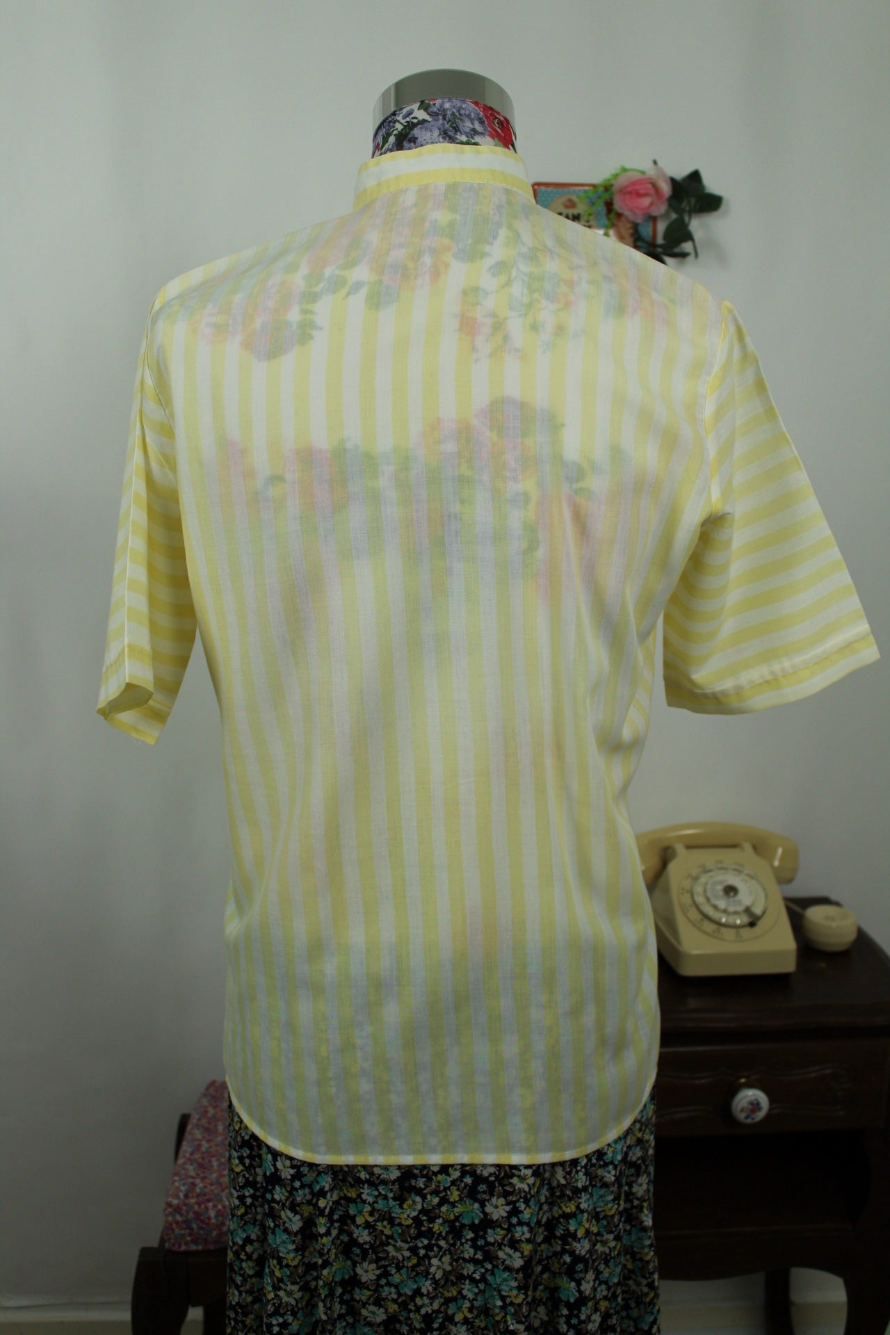 🌸🍒Chemisier jaune rayé vintage 80's col officier - T.38 ou petit 40🍒🌸