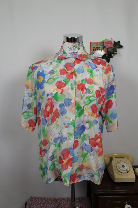 🍒🌸Chemise manches courtes vintage 90s - imprimé floral effet aquarelle - Taille 38🌸🍒